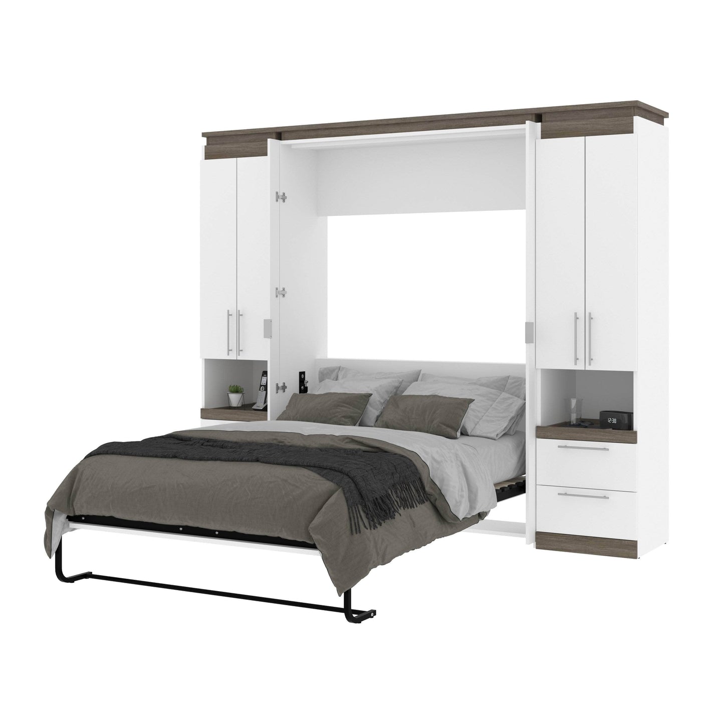 Modubox Murphy Wall Bed Orion 98"W Full Murphy Wall Bed with 2 Storage Cabinets and Pull-Out Shelves - Available in 2 Colours