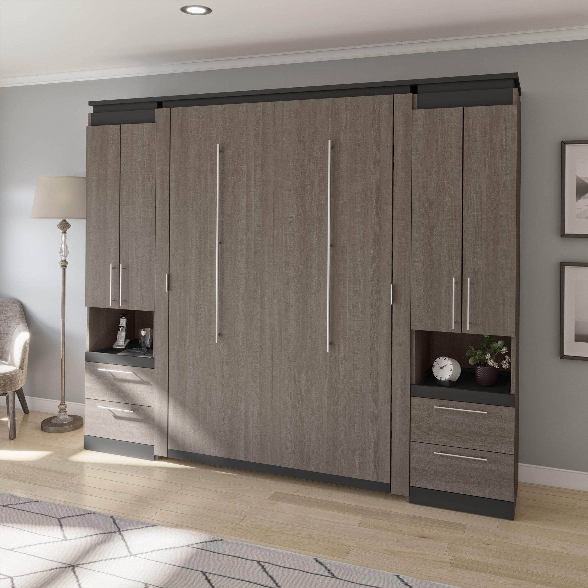 Modubox Murphy Wall Bed Orion 98"W Full Murphy Wall Bed with 2 Storage Cabinets and Pull-Out Shelves - Available in 2 Colours