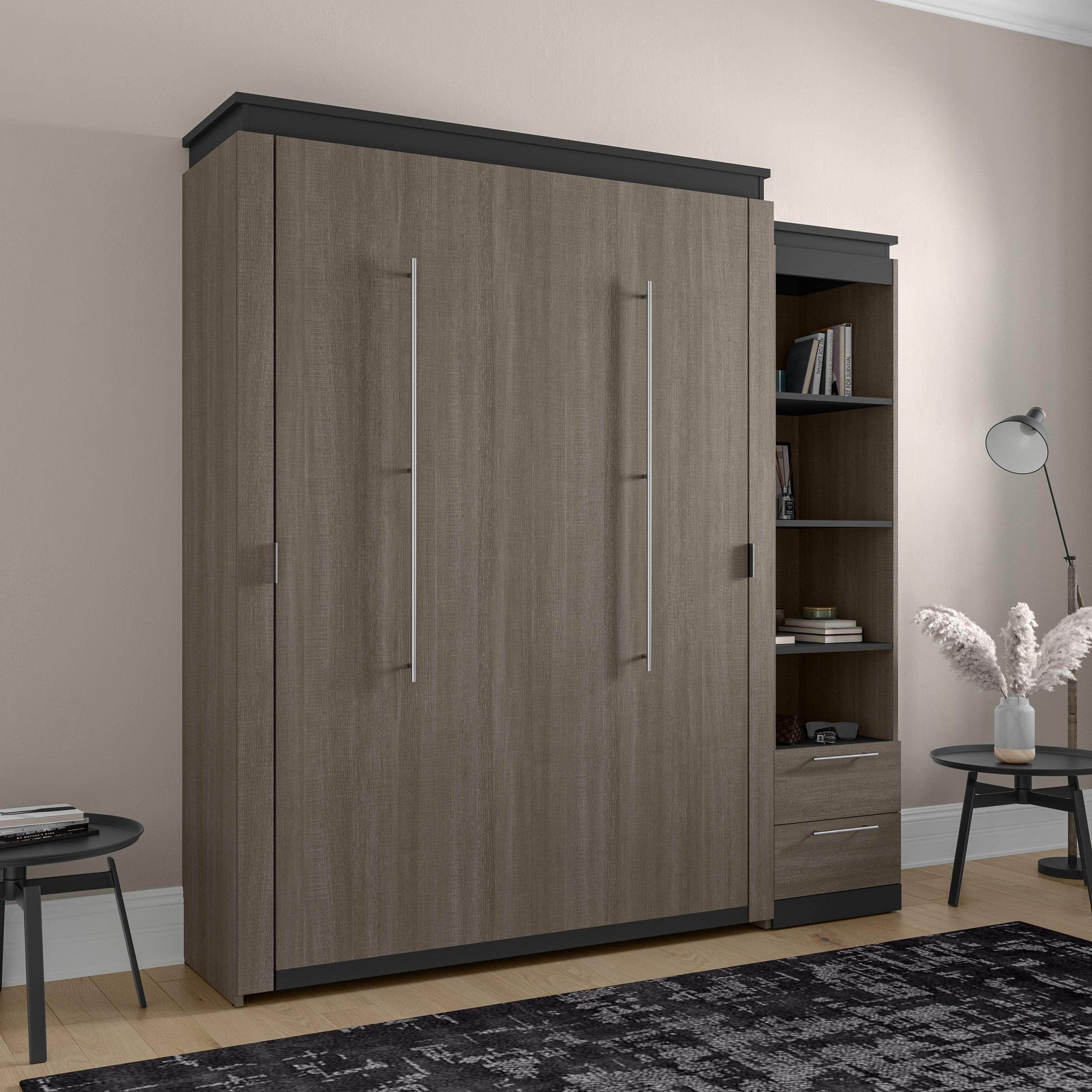 Modubox Murphy Wall Bed Orion Queen Murphy Wall Bed with Narrow Shelving Unit and Drawers - Available in 2 Colours