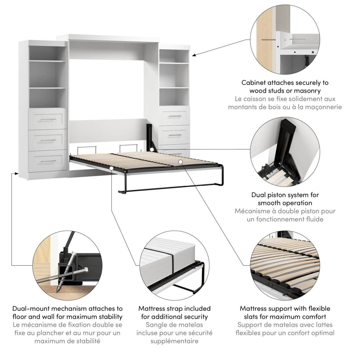 Modubox Murphy Wall Bed Pur 115" Queen Size Murphy Wall Bed with 2 Storage Units - Available in 3 Colours