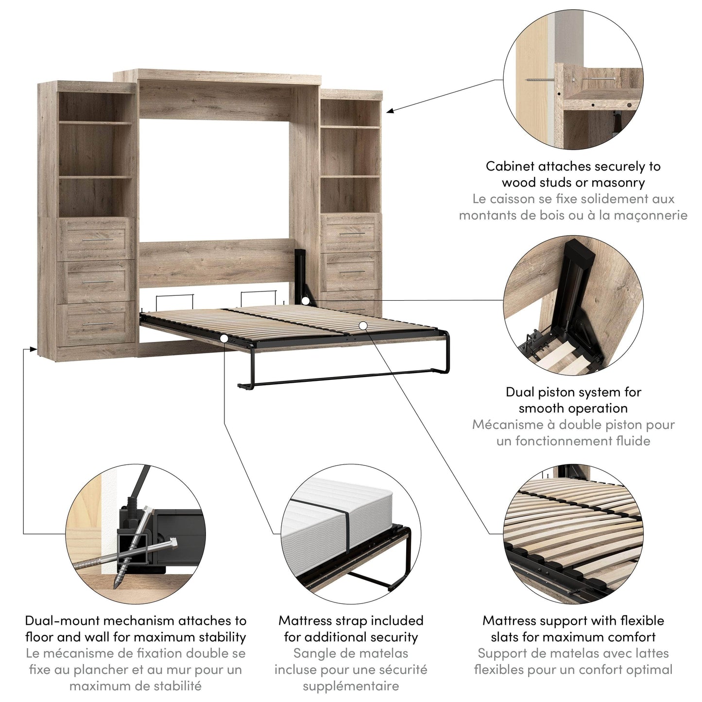 Modubox Murphy Wall Bed Pur 115" Queen Size Murphy Wall Bed with 2 Storage Units - Available in 7 Colours