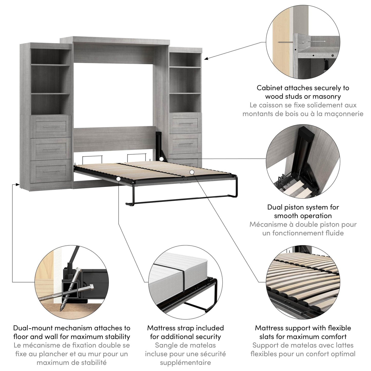 Modubox Murphy Wall Bed Pur 115" Queen Size Murphy Wall Bed with 2 Storage Units - Available in 7 Colours