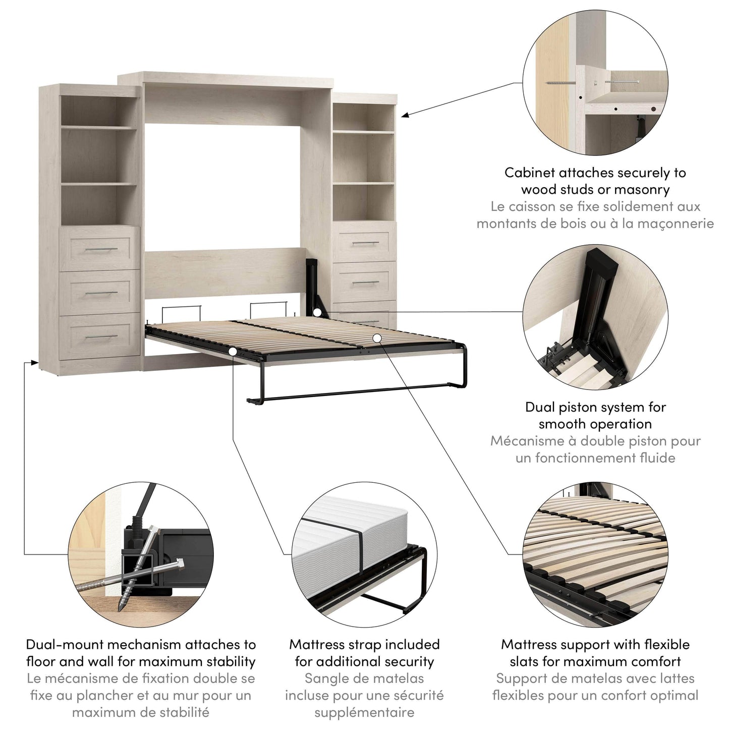 Modubox Murphy Wall Bed Pur 115" Queen Size Murphy Wall Bed with 2 Storage Units - Available in 7 Colours