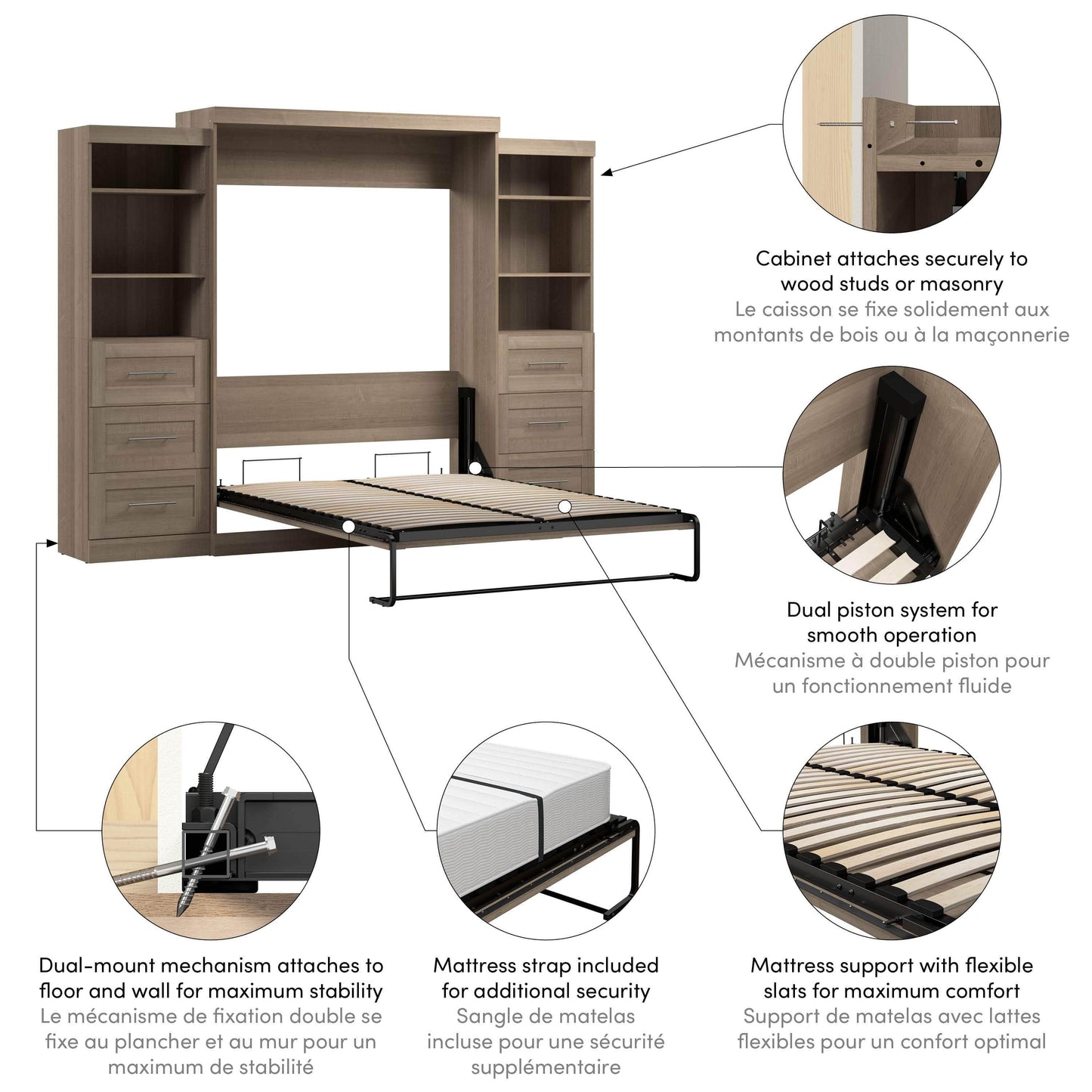 Modubox Murphy Wall Bed Pur 115" Queen Size Murphy Wall Bed with 2 Storage Units - Available in 7 Colours