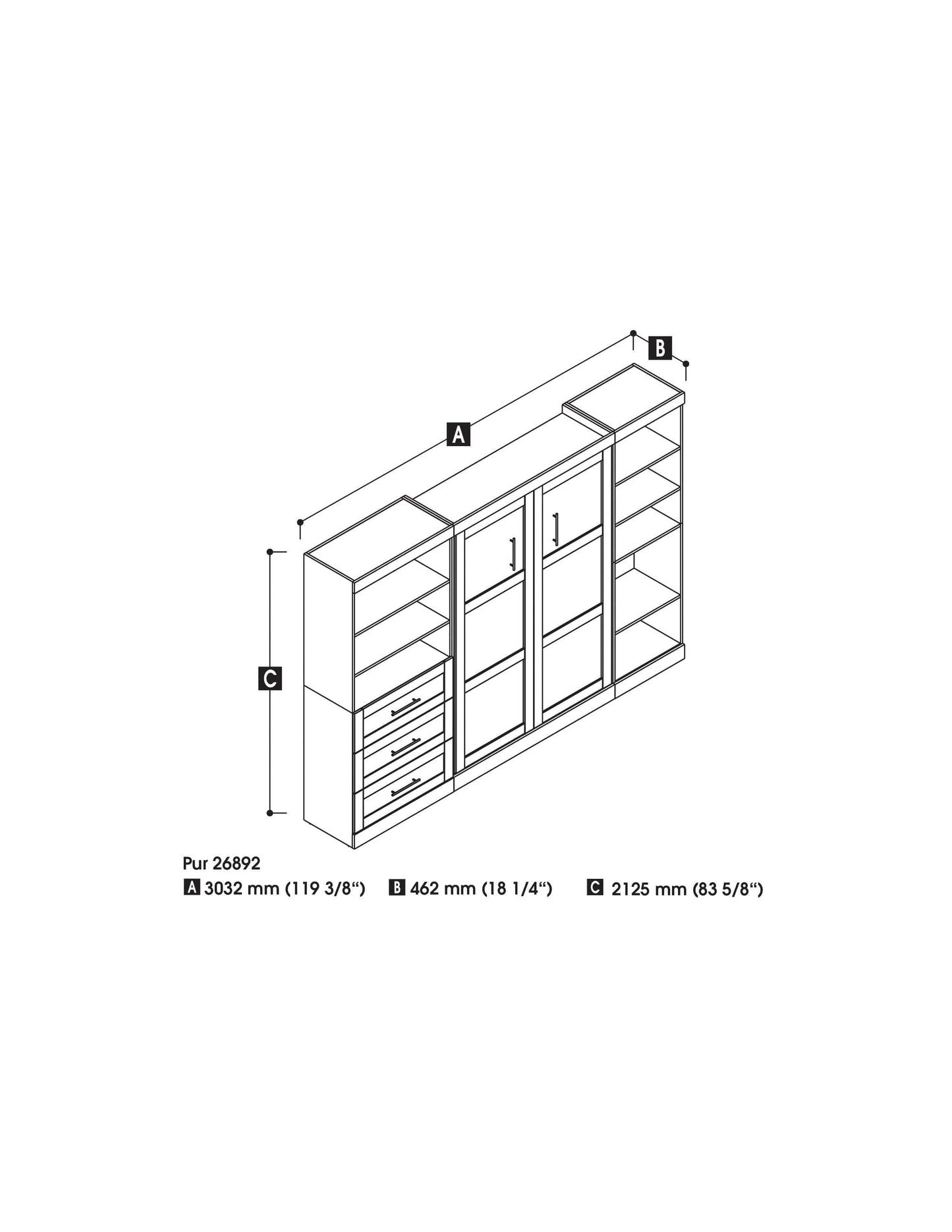 Modubox Murphy Wall Bed Pur Full Murphy Wall Bed, 1 Storage Unit with Shelves, and 1 Storage Unit with Drawers (120”) - Available in 2 Colours