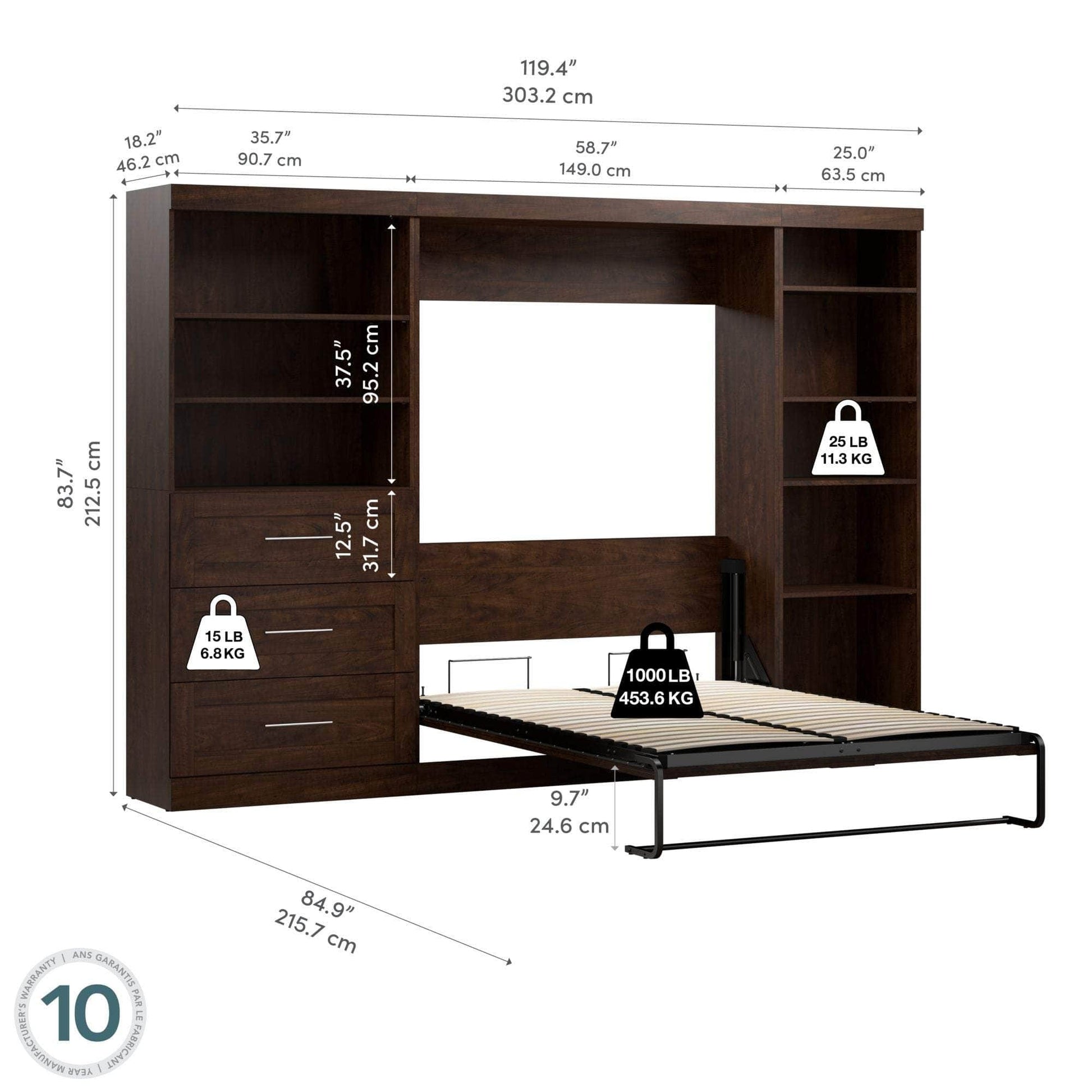 Modubox Murphy Wall Bed Pur Full Murphy Wall Bed, 1 Storage Unit with Shelves, and 1 Storage Unit with Drawers (120”) - Available in 2 Colours