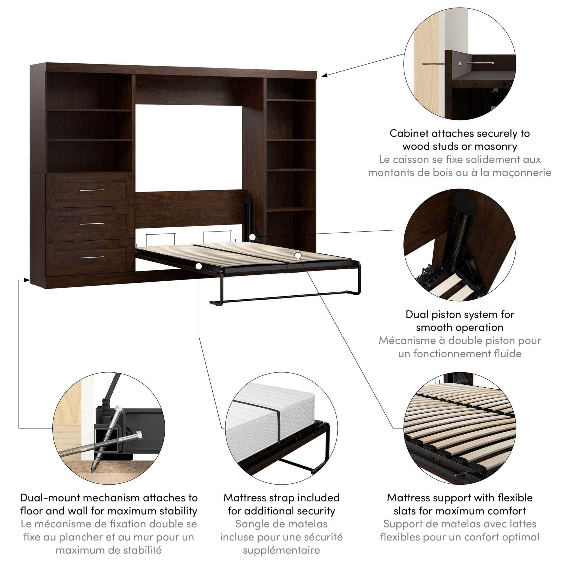 Modubox Murphy Wall Bed Pur Full Murphy Wall Bed, 1 Storage Unit with Shelves, and 1 Storage Unit with Drawers (120”) - Available in 2 Colours