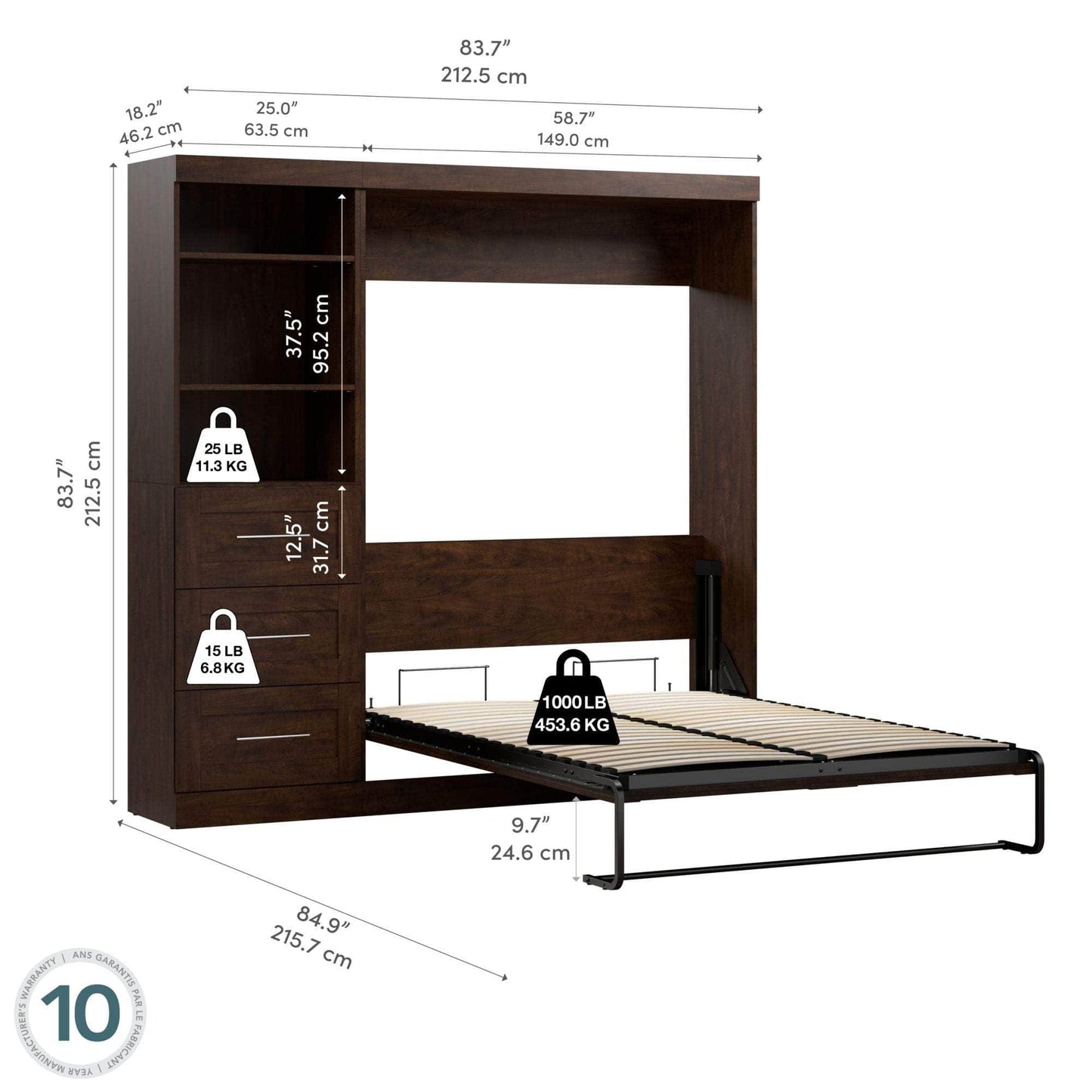 Modubox Murphy Wall Bed Pur Full Murphy Wall Bed and 1 Storage Unit with Drawers (84”) - Available in 3 Colours