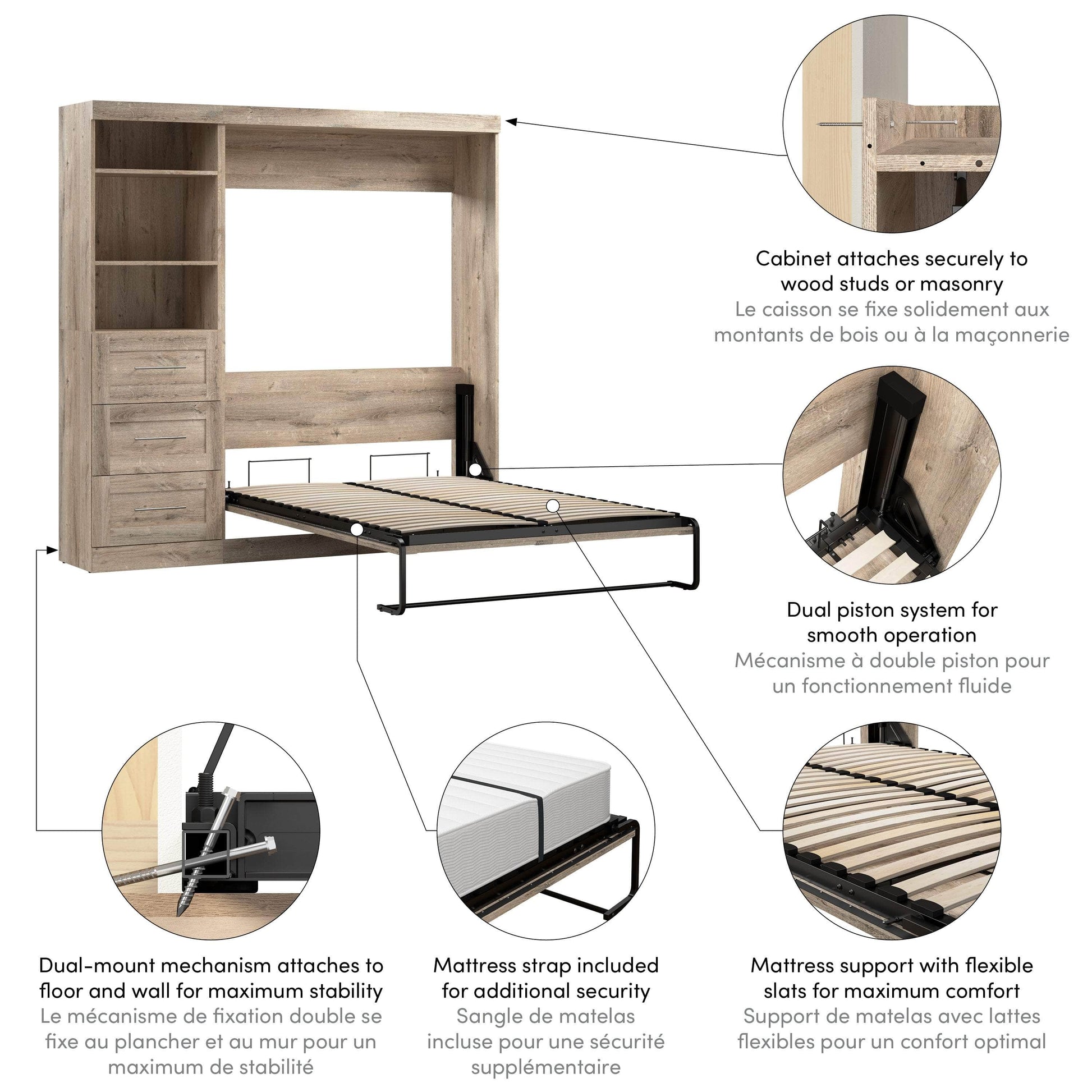 Modubox Murphy Wall Bed Pur Full Murphy Wall Bed and 1 Storage Unit with Drawers (84”) - Available in 7 Colours