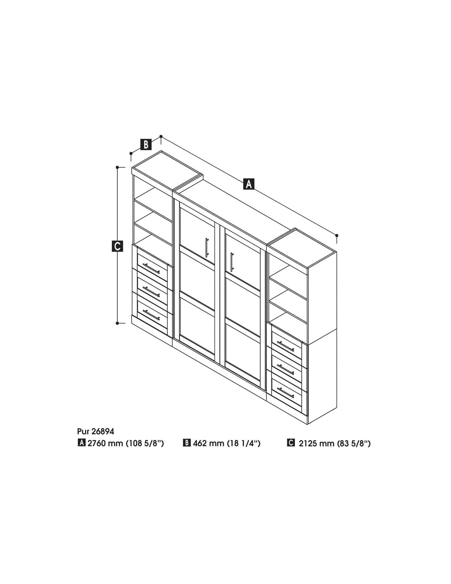 Modubox Murphy Wall Bed Pur Full Murphy Wall Bed and 2 Storage Units with Drawers (109W) - Available in 3 Colours