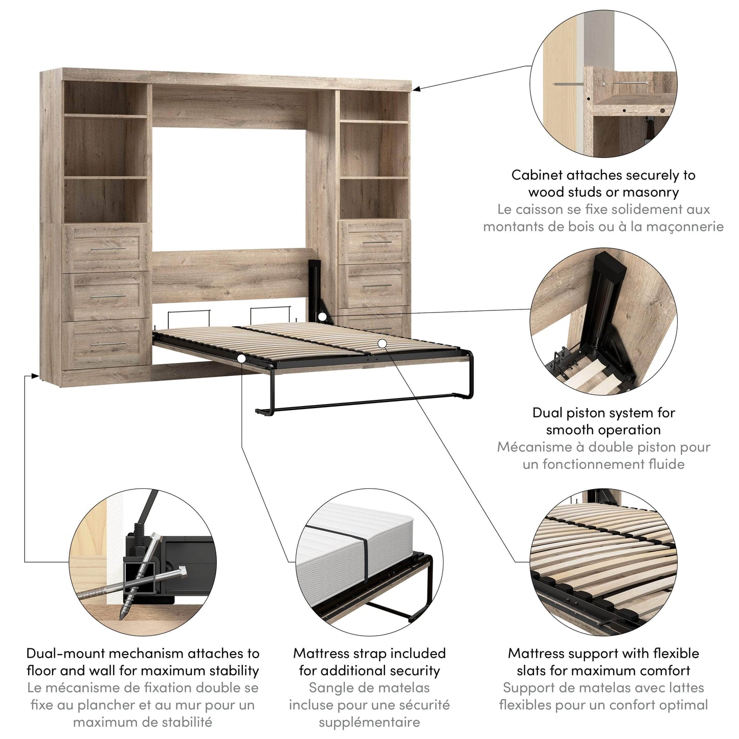 Modubox Murphy Wall Bed Pur Full Murphy Wall Bed and 2 Storage Units with Drawers (109W) - Available in 7 Colours