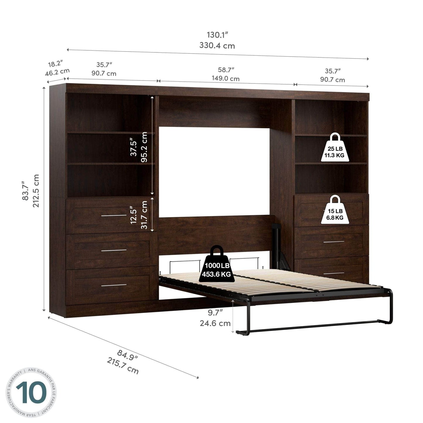 Modubox Murphy Wall Bed Pur Full Murphy Wall Bed and 2 Storage Units with Drawers (131”) - Available in 2 Colours