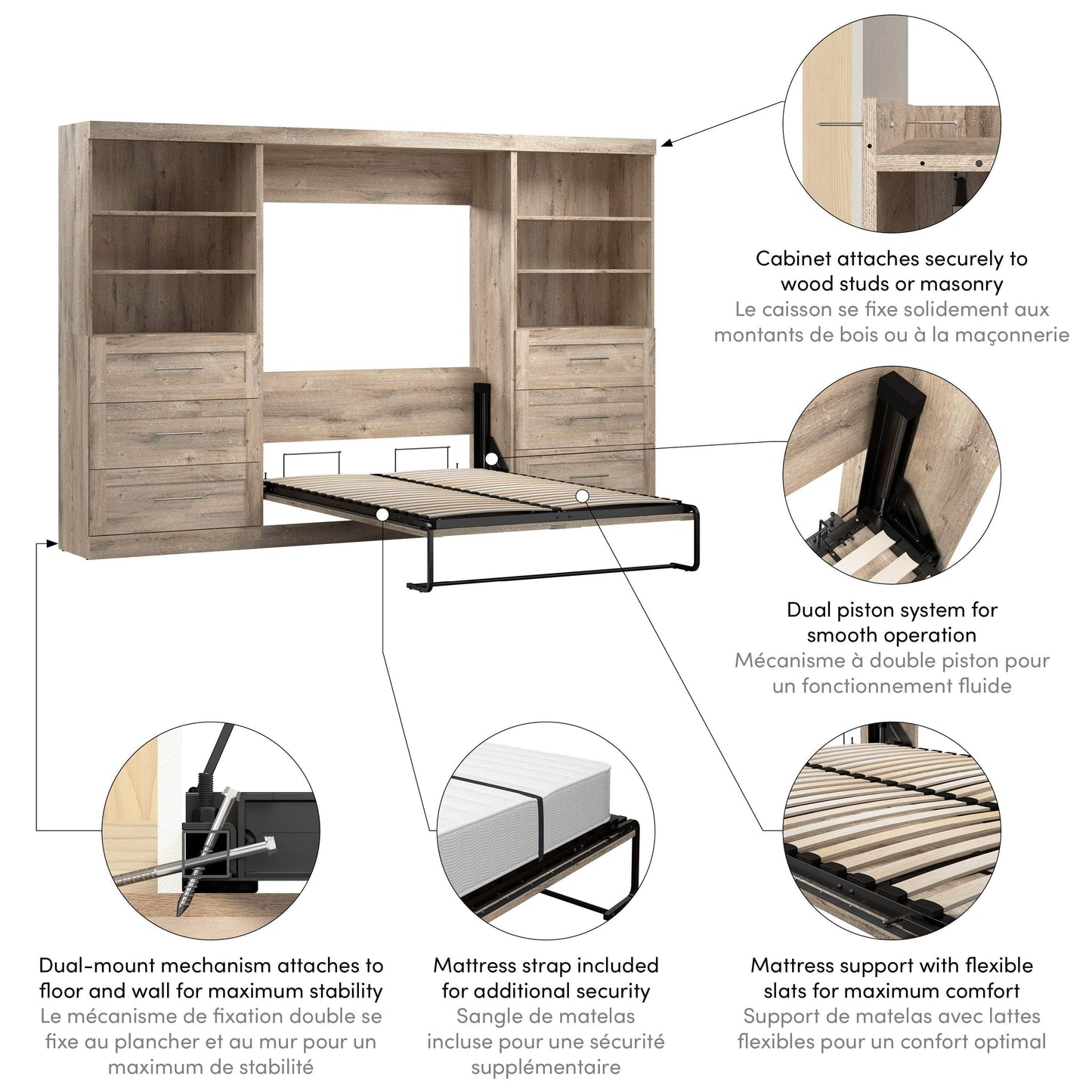 Modubox Murphy Wall Bed Pur Full Murphy Wall Bed and 2 Storage Units with Drawers (131”) - Available in 3 Colours