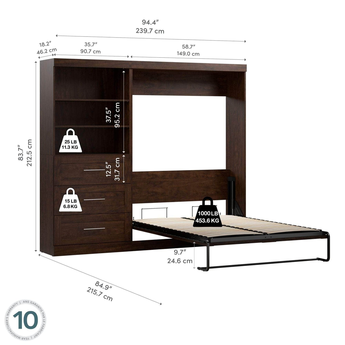 Modubox Murphy Wall Bed Pur Full Murphy Wall Bed and Storage Unit with Drawers (95W) - Available in 2 Colours