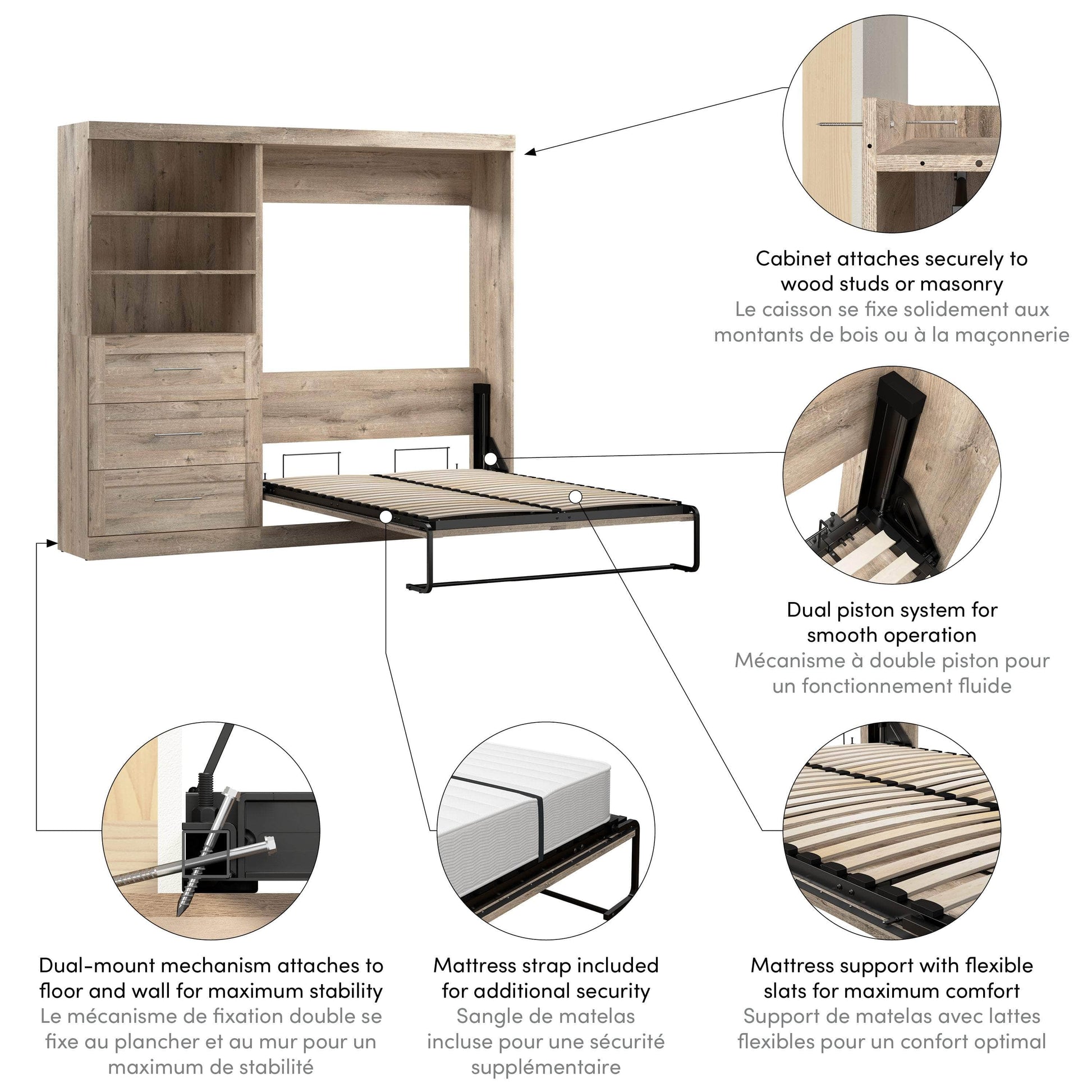 Modubox Murphy Wall Bed Pur Full Murphy Wall Bed and Storage Unit with Drawers (95W) - Available in 3 Colours