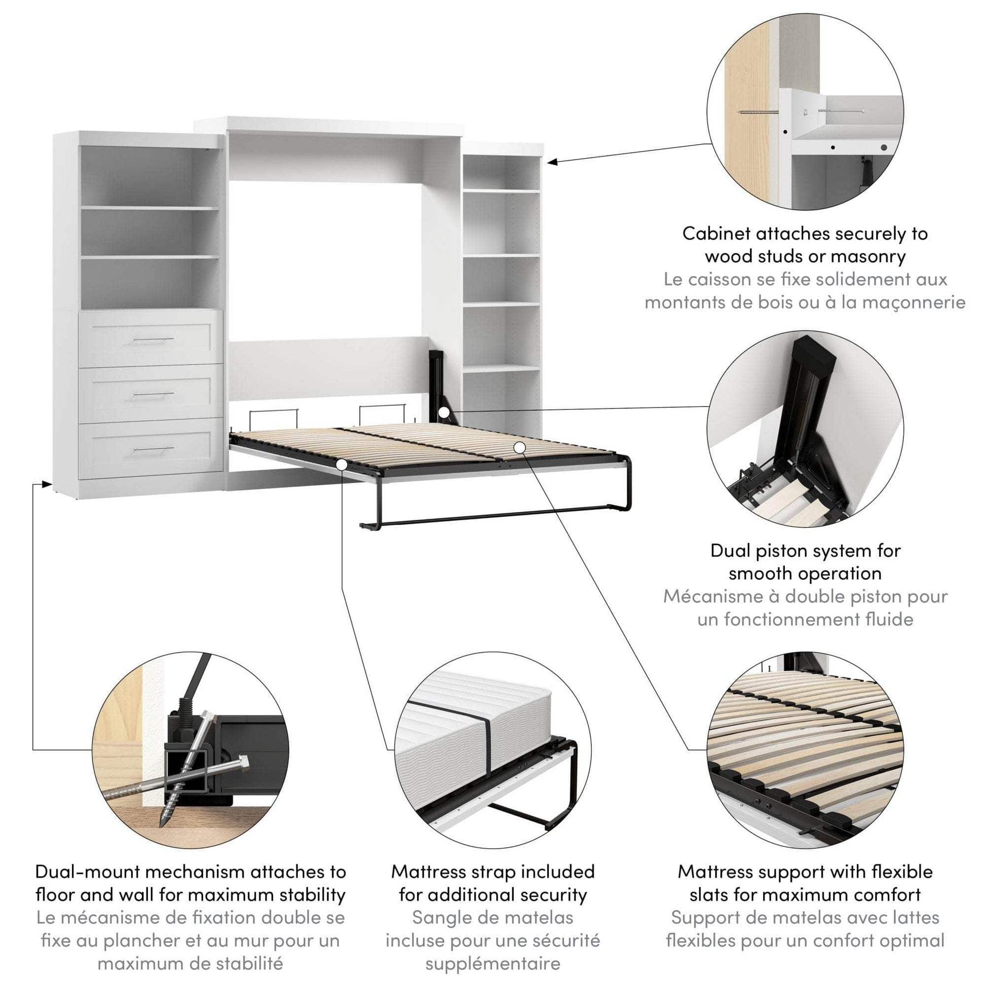 Modubox Murphy Wall Bed Pur Queen Murphy Pull Down Wall Bed and 2 Storage Units with Drawers (126”) - Available in 2 Colours