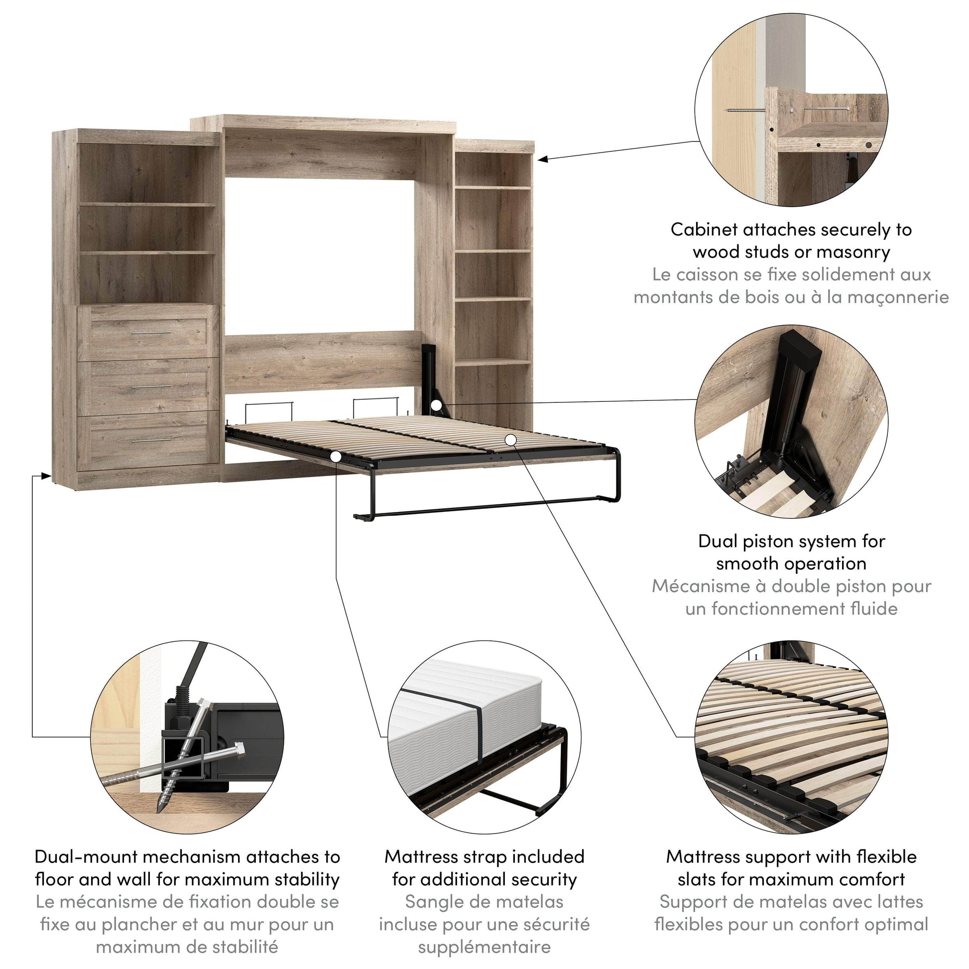 Modubox Murphy Wall Bed Pur Queen Murphy Pull Down Wall Bed and 2 Storage Units with Drawers (126”) - Available in 3 Colours