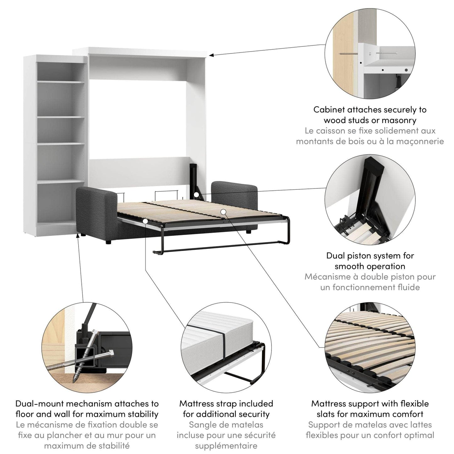 Modubox Murphy Wall Bed Pur Queen Murphy Wall Bed, a Storage Unit and a Sofa - White