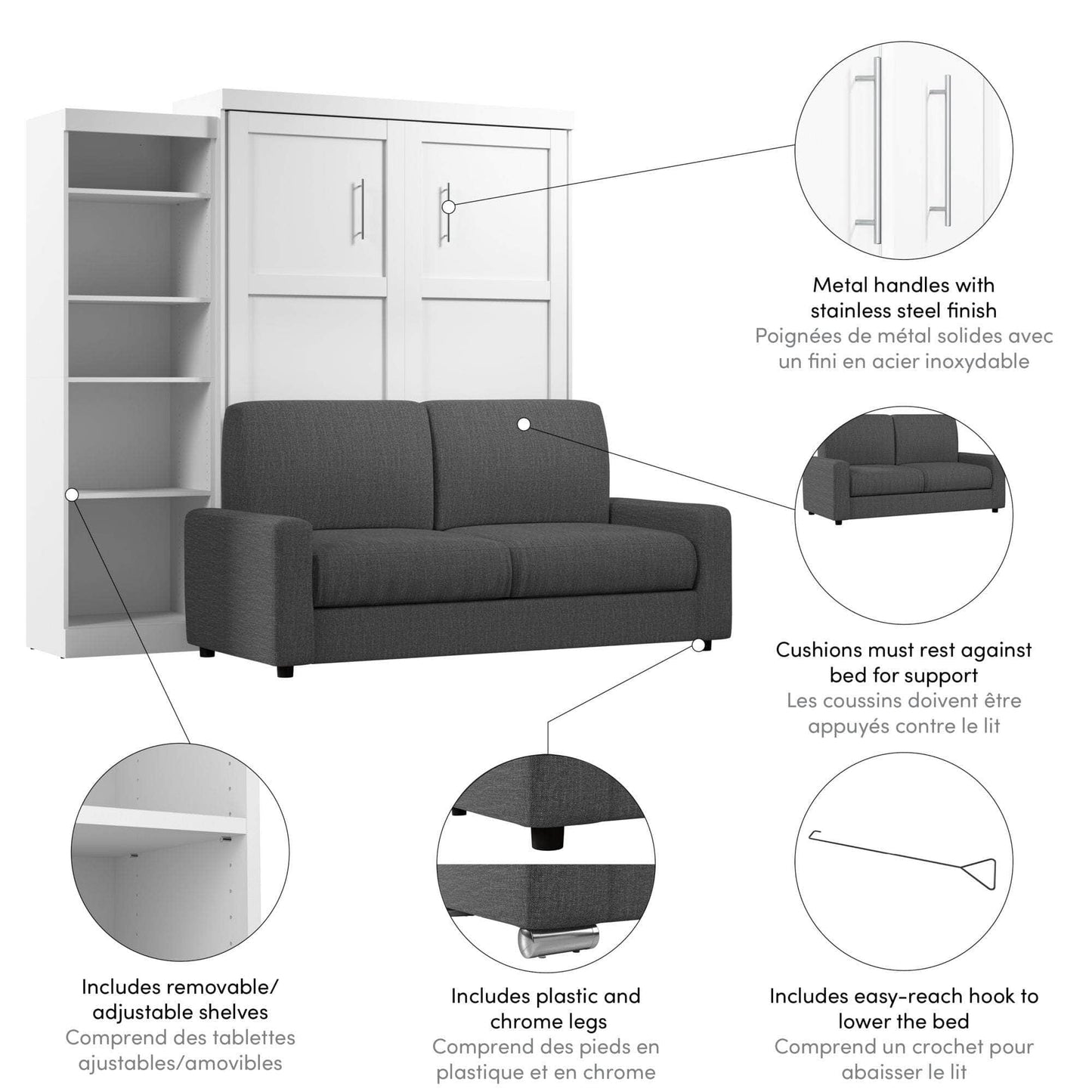 Modubox Murphy Wall Bed Pur Queen Murphy Wall Bed, a Storage Unit and a Sofa - White