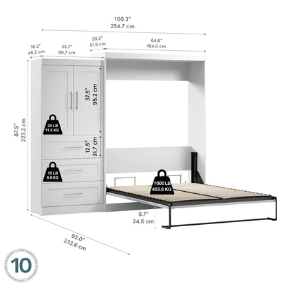 Modubox Murphy Wall Bed Pur Queen Murphy Wall Bed and 1 Storage Unit with Drawers (101”) - White