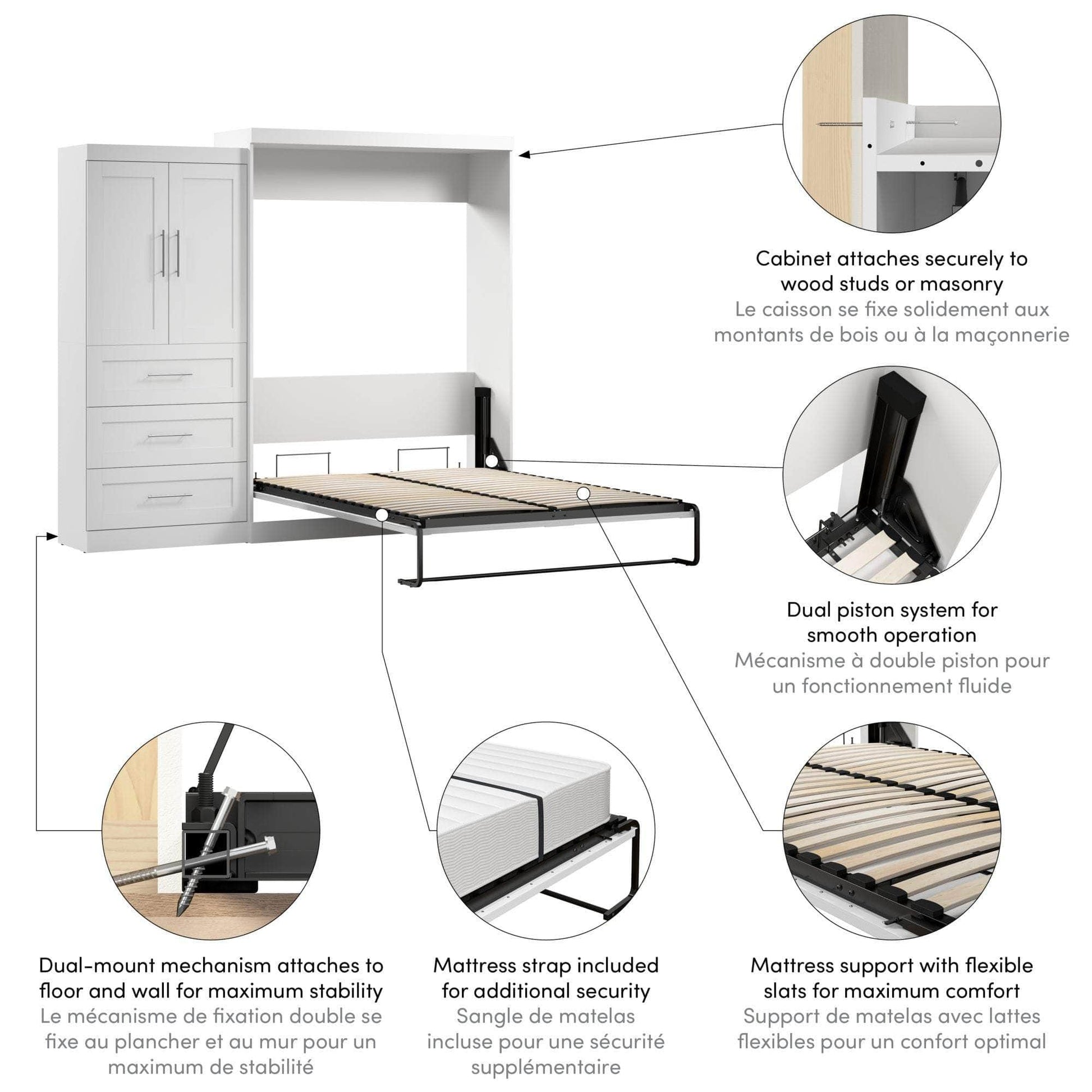 Modubox Murphy Wall Bed Pur Queen Murphy Wall Bed and 1 Storage Unit with Drawers (101”) - White