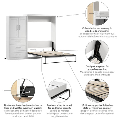 Modubox Murphy Wall Bed Pur Queen Murphy Wall Bed and 1 Storage Unit with Drawers (101”) - White