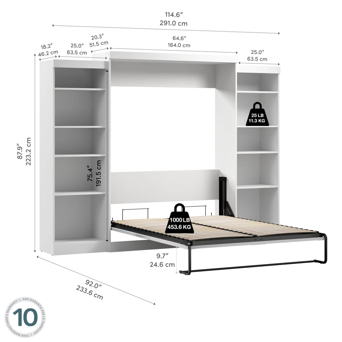 Modubox Murphy Wall Bed Pur Queen Murphy Wall Bed and 2 Storage Units (115W) - Available in 3 Colours