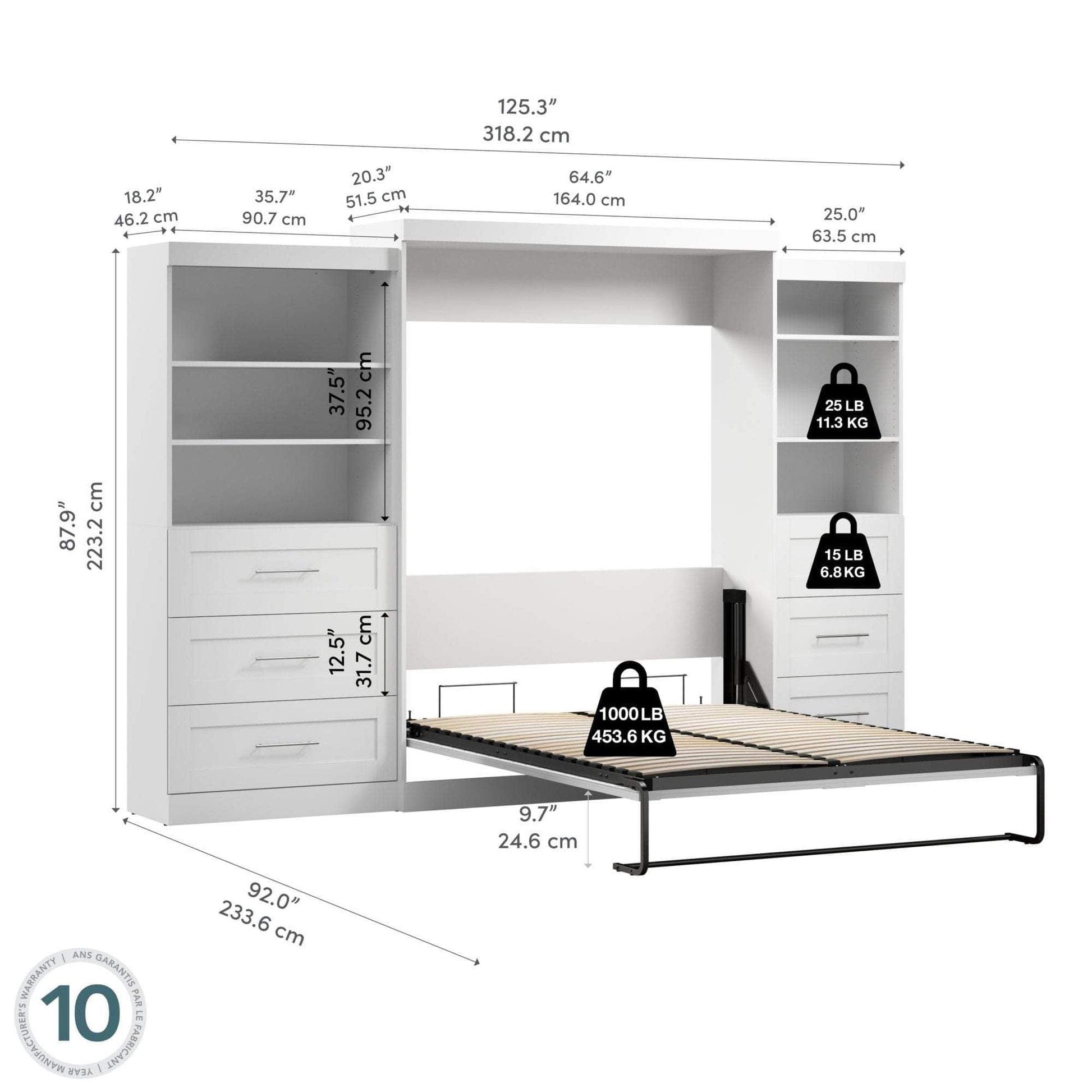 Modubox Murphy Wall Bed Pur Queen Murphy Wall Bed and 2 Storage Units with Drawers (126”) - Available in 2 Colours