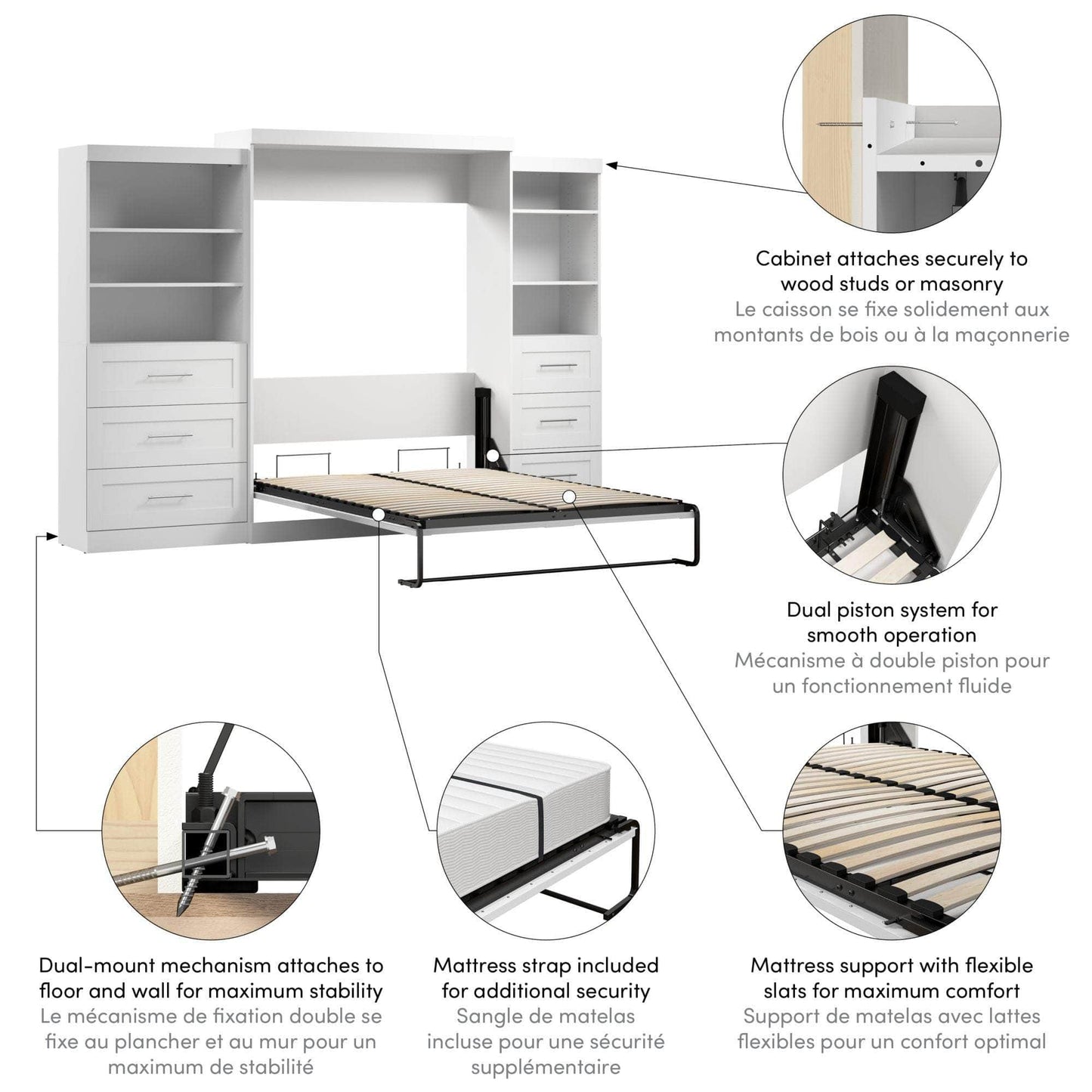 Modubox Murphy Wall Bed Pur Queen Murphy Wall Bed and 2 Storage Units with Drawers (126”) - Available in 2 Colours