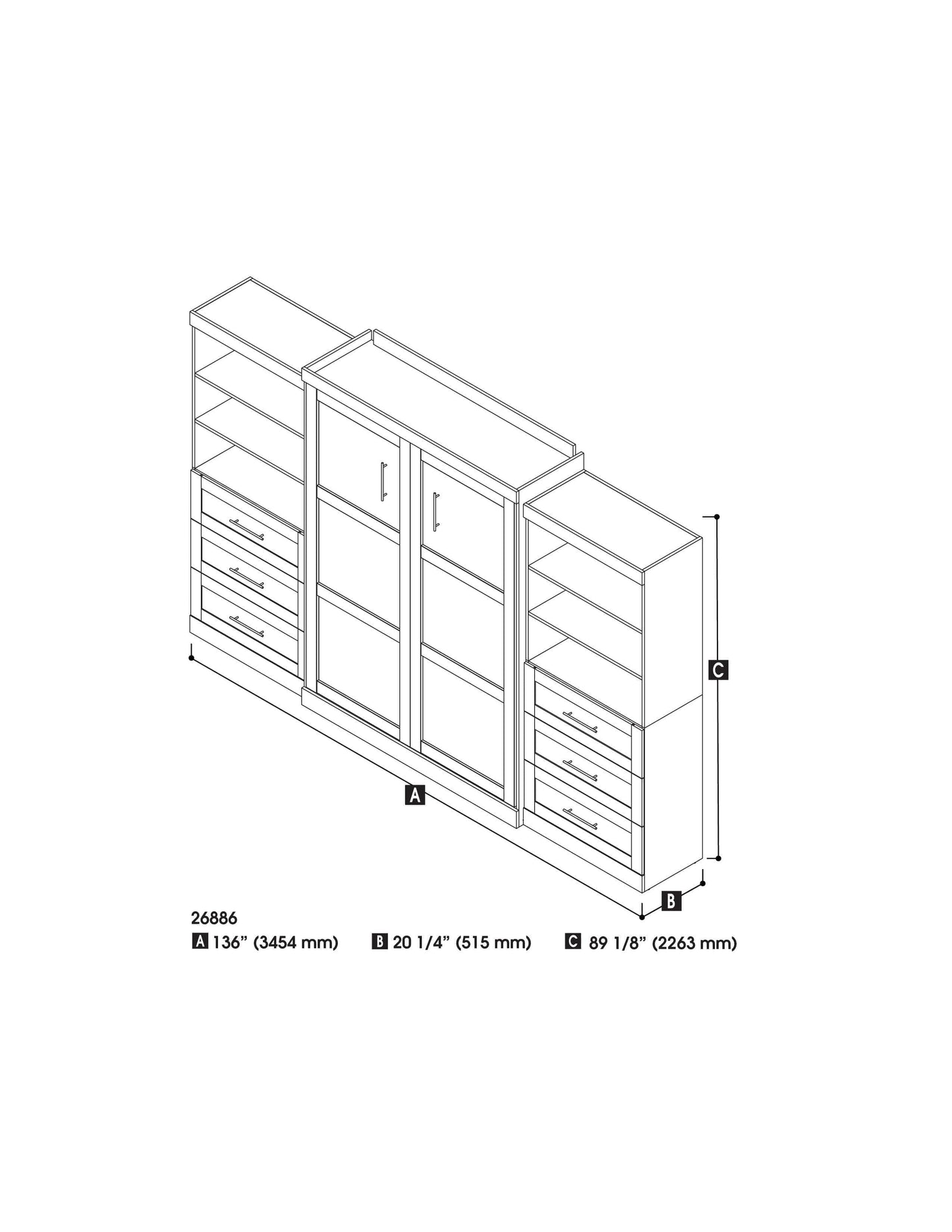 Modubox Murphy Wall Bed Pur Queen Murphy Wall Bed and 2 Storage Units with Drawers (136”) - Available in 2 Colours