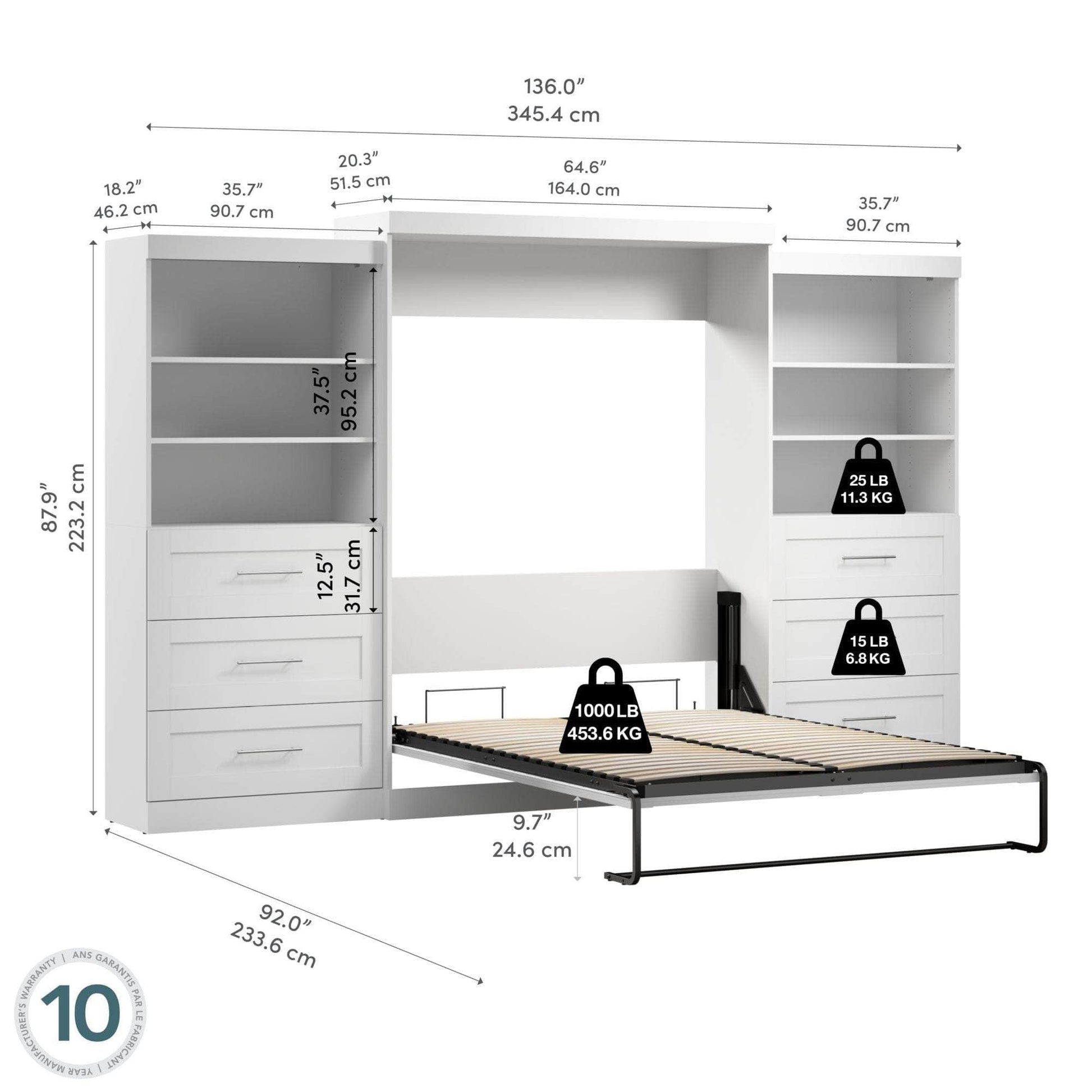 Modubox Murphy Wall Bed Pur Queen Murphy Wall Bed and 2 Storage Units with Drawers (136”) - Available in 2 Colours