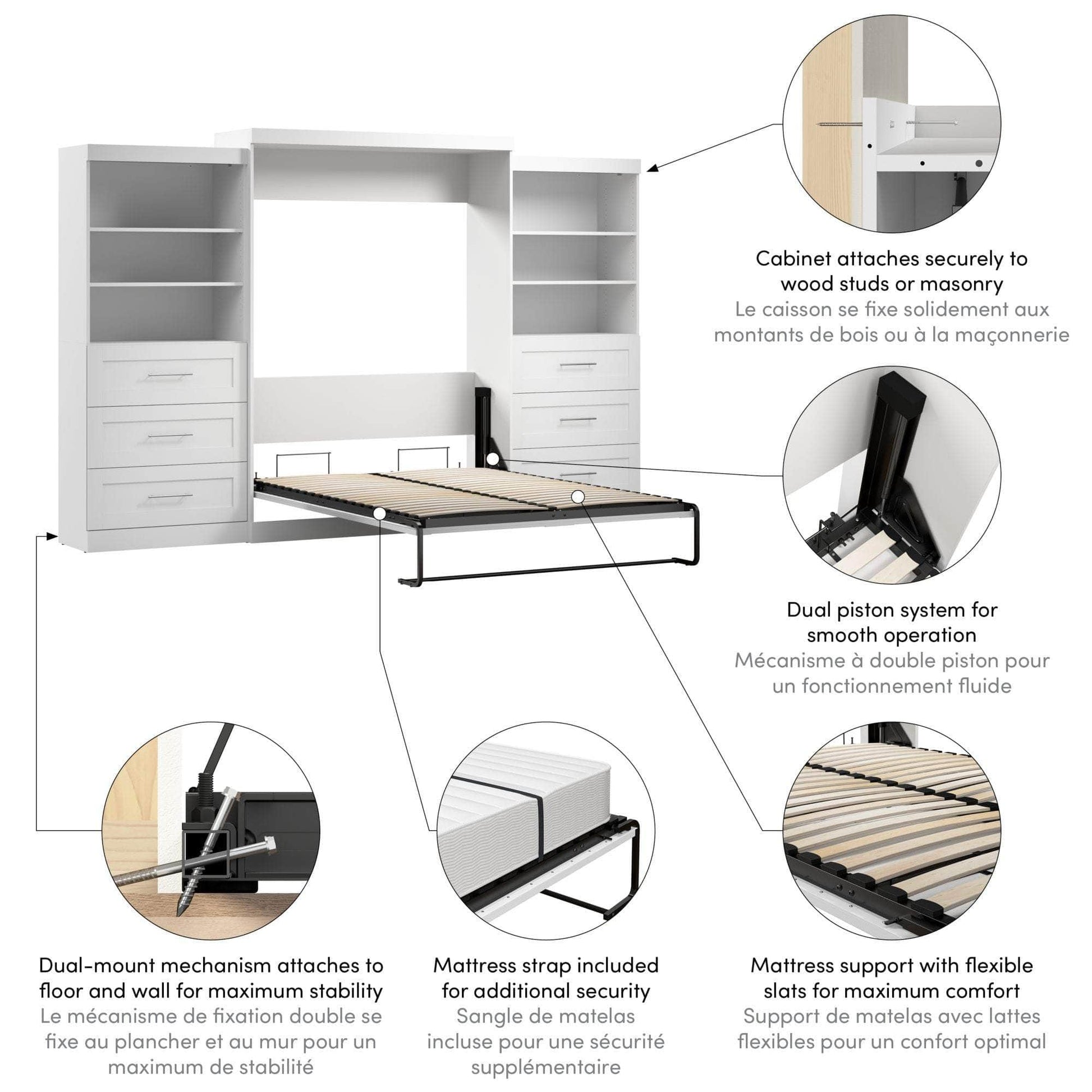 Modubox Murphy Wall Bed Pur Queen Murphy Wall Bed and 2 Storage Units with Drawers (136”) - Available in 2 Colours