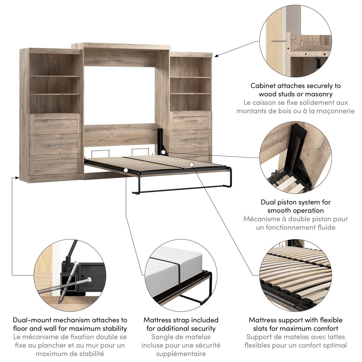 Modubox Murphy Wall Bed Pur Queen Murphy Wall Bed and 2 Storage Units with Drawers (136”) - Available in 6 Colours