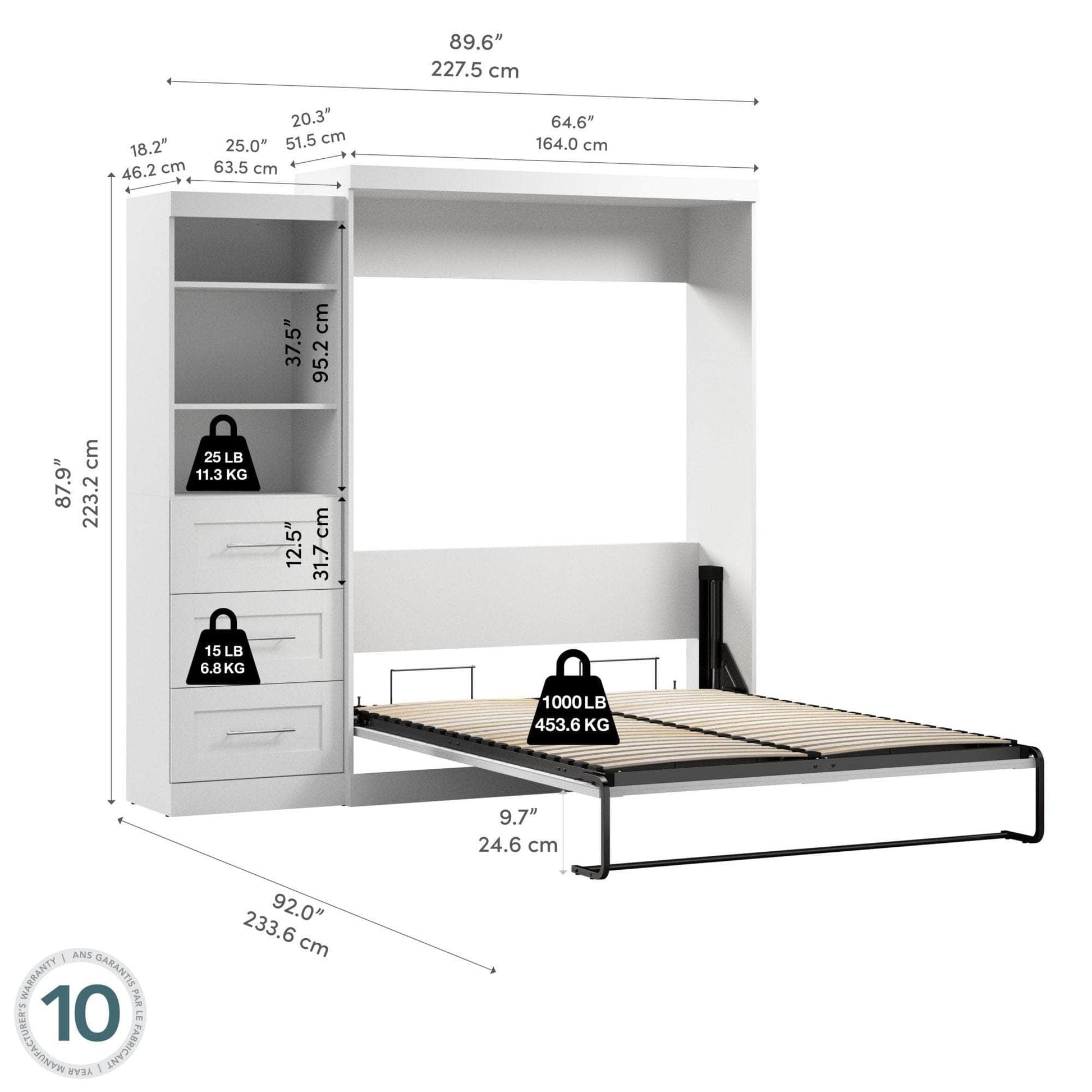 Modubox Murphy Wall Bed Pur Queen Murphy Wall Bed and Storage Unit with Drawers (90W) - Available in 3 Colours