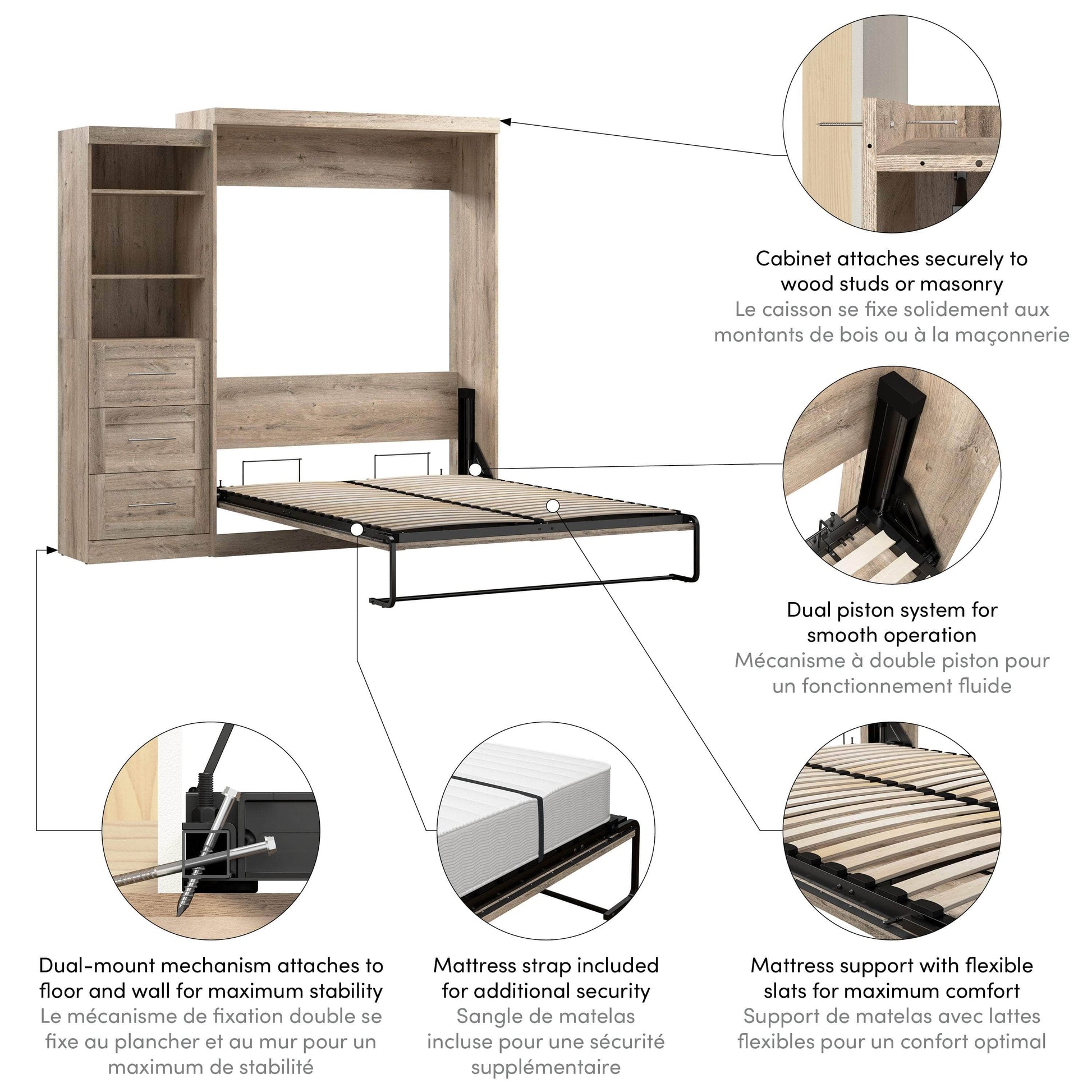 Modubox Murphy Wall Bed Pur Queen Murphy Wall Bed and Storage Unit with Drawers (90W) - Available in 7 Colours