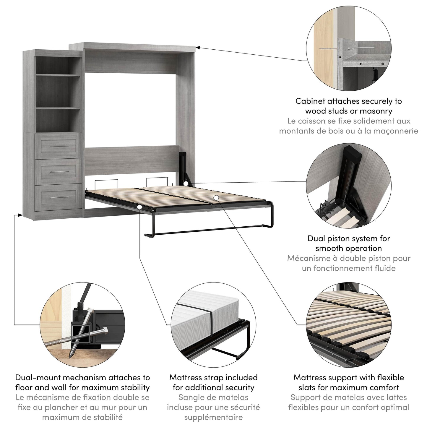 Modubox Murphy Wall Bed Pur Queen Murphy Wall Bed and Storage Unit with Drawers (90W) - Available in 7 Colours