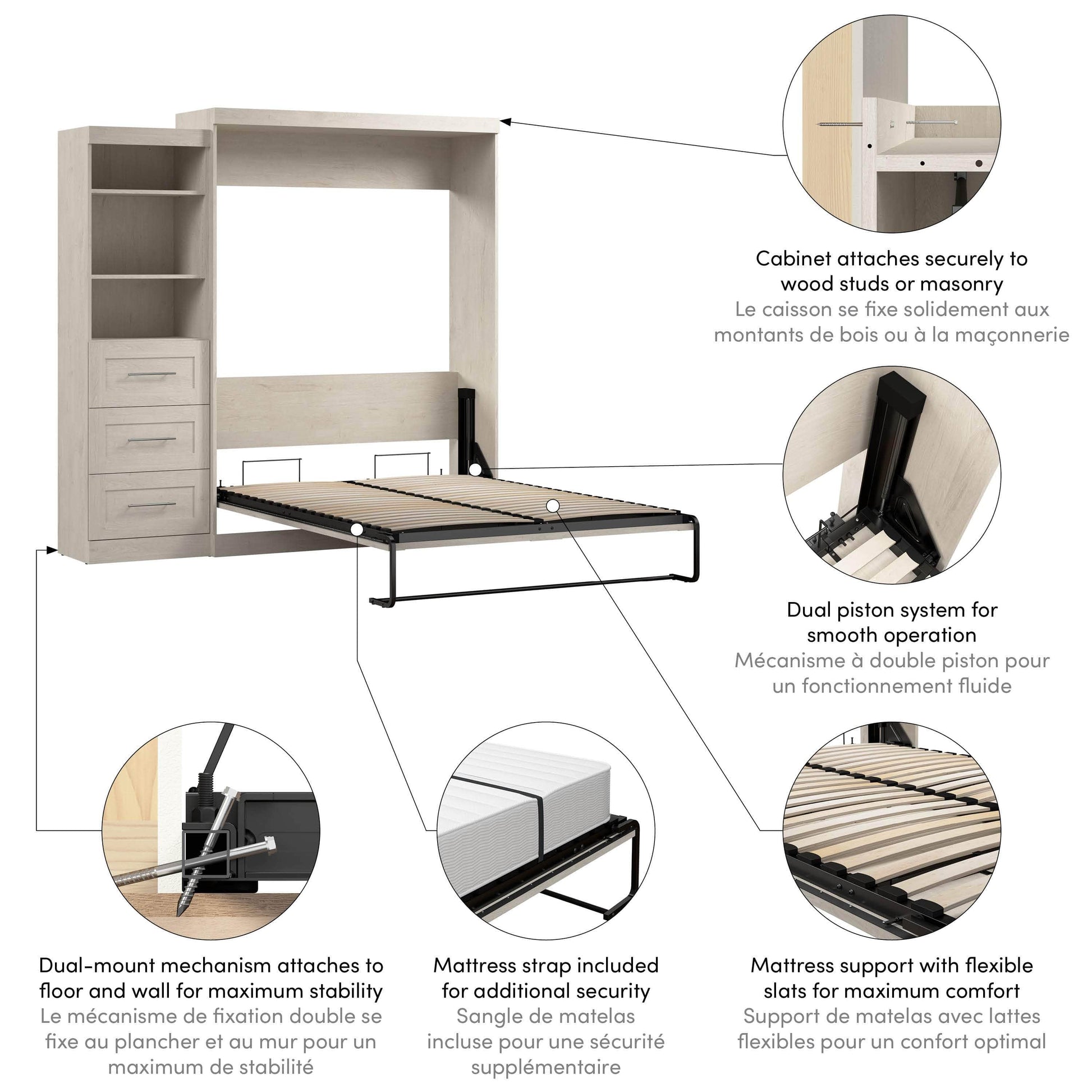 Modubox Murphy Wall Bed Pur Queen Murphy Wall Bed and Storage Unit with Drawers (90W) - Available in 7 Colours