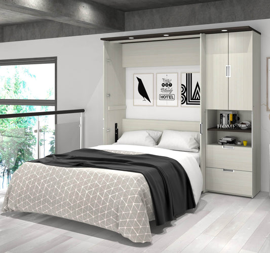 Modubox Murphy Wall Bed White Chocolate Lumina Full Murphy Wall Bed with Desk and 1 Storage Unit (83”) - White Chocolate