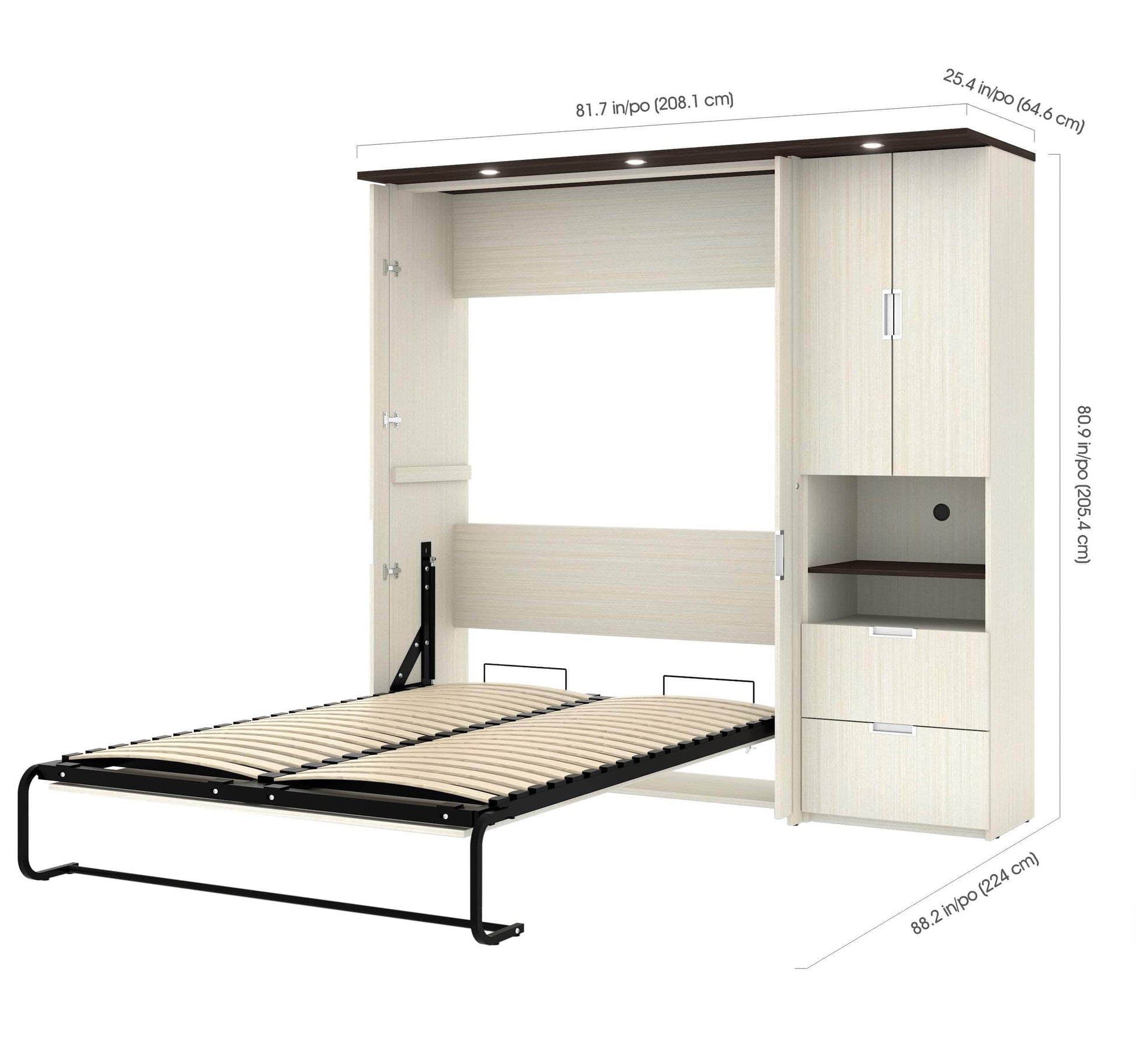 Modubox Murphy Wall Bed White Chocolate Lumina Full Murphy Wall Bed with Desk and 1 Storage Unit (83”) - White Chocolate