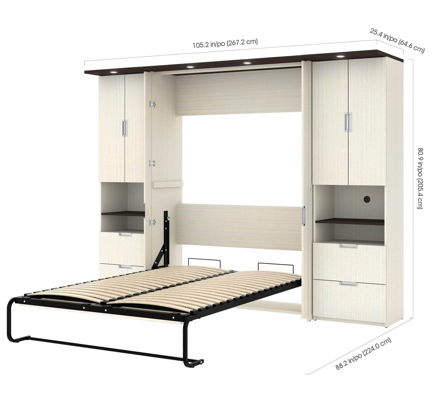 Modubox Murphy Wall Bed White Chocolate Lumina Full Murphy Wall Bed with Desk and 2 Storage Units (107”) - White Chocolate