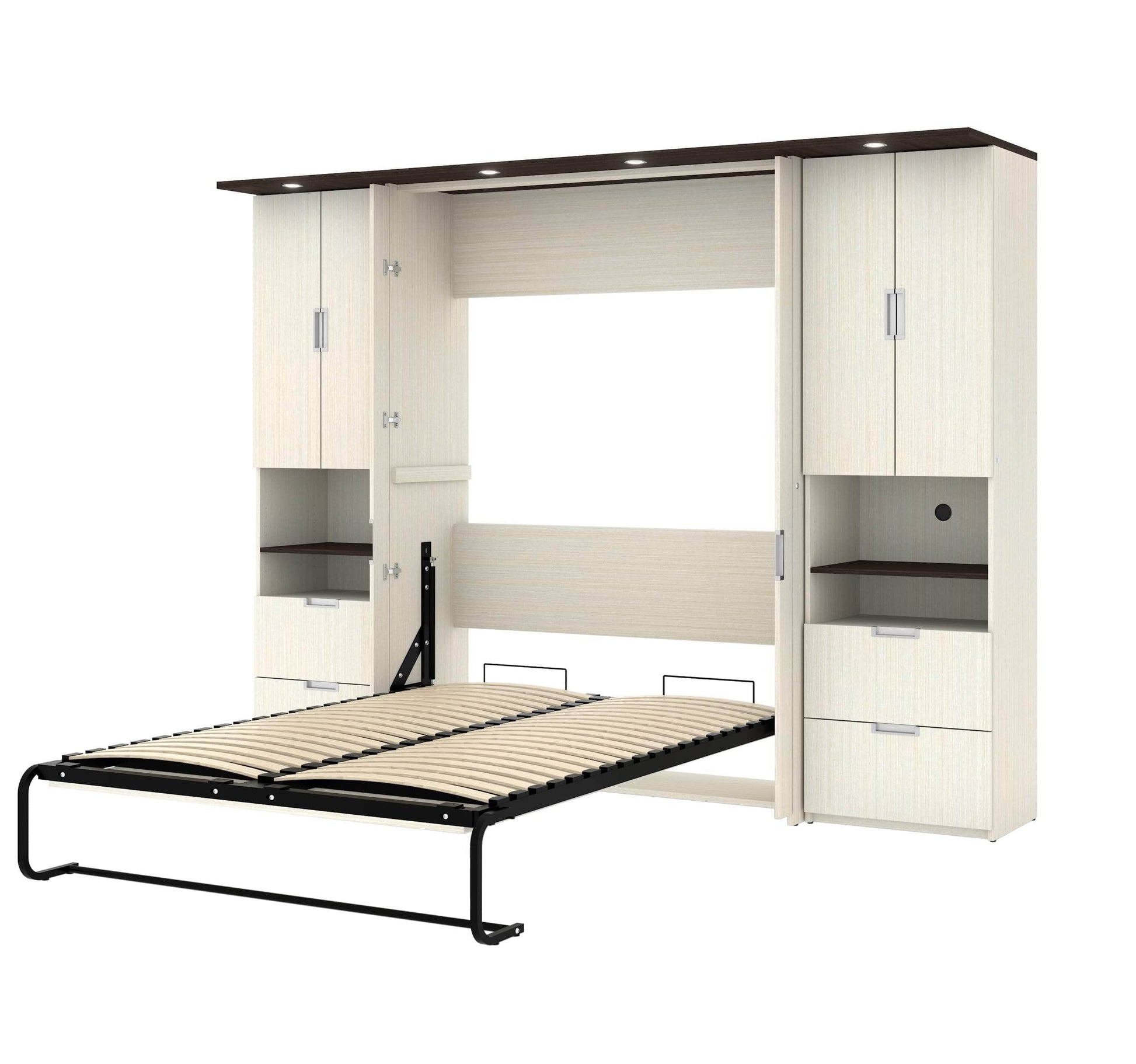 Modubox Murphy Wall Bed White Chocolate Lumina Full Murphy Wall Bed with Desk and 2 Storage Units (107”) - White Chocolate