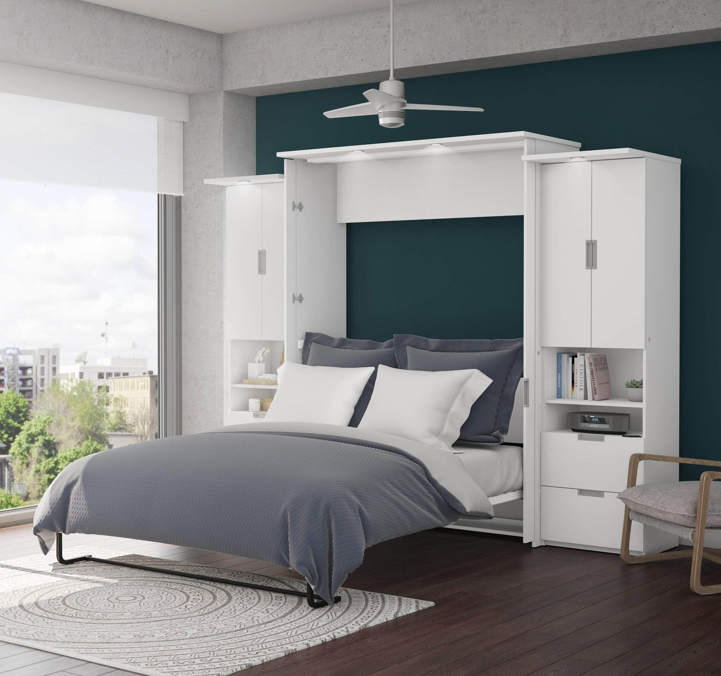 Modubox Murphy Wall Bed White Lumina Queen Murphy Wall Bed and 2 Storage Units (113”) - White