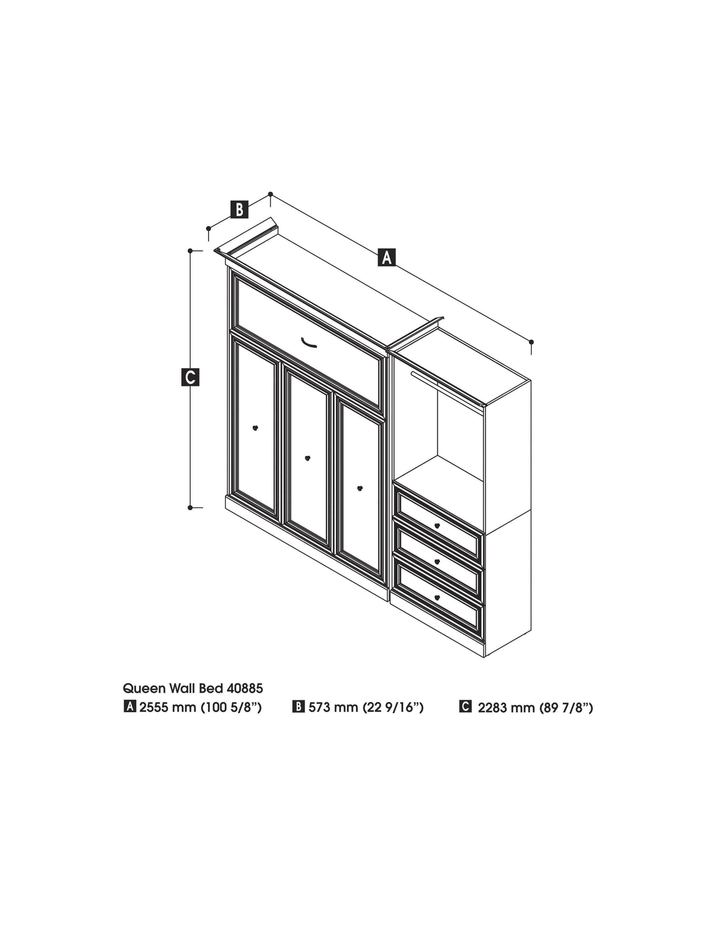 Modubox Murphy Wall Bed White Versatile Queen Murphy Wall Bed and 1 Storage Unit with Drawers (101”) - White