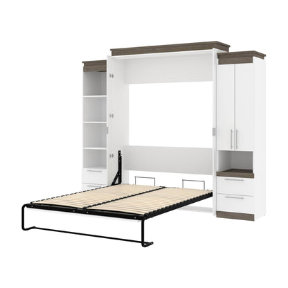 Modubox Murphy Wall Bed White & Walnut Grey Orion 104"W Queen Murphy Wall Bed with Narrow Storage Solutions and Drawers - Available in 2 Colours