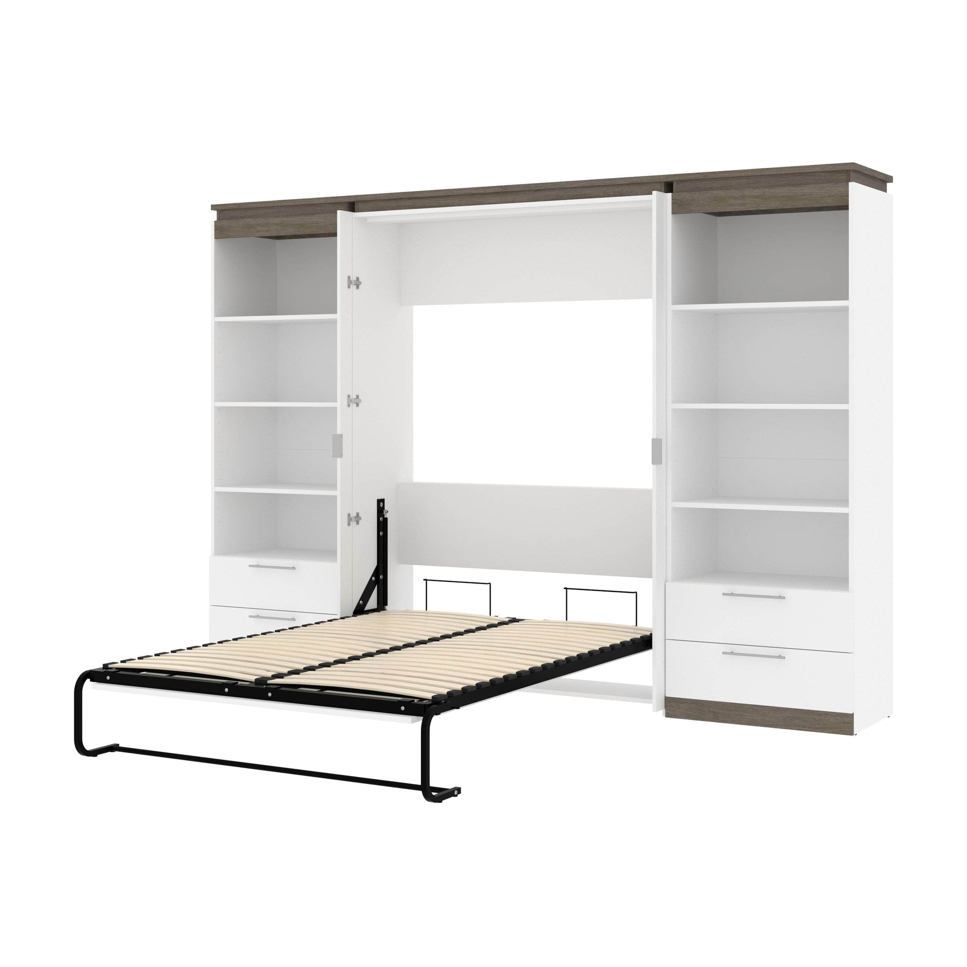 Modubox Murphy Wall Bed White & Walnut Grey Orion 118"W Full Murphy Wall Bed with 2 Shelving Units and Drawers - Available in 2 Colours