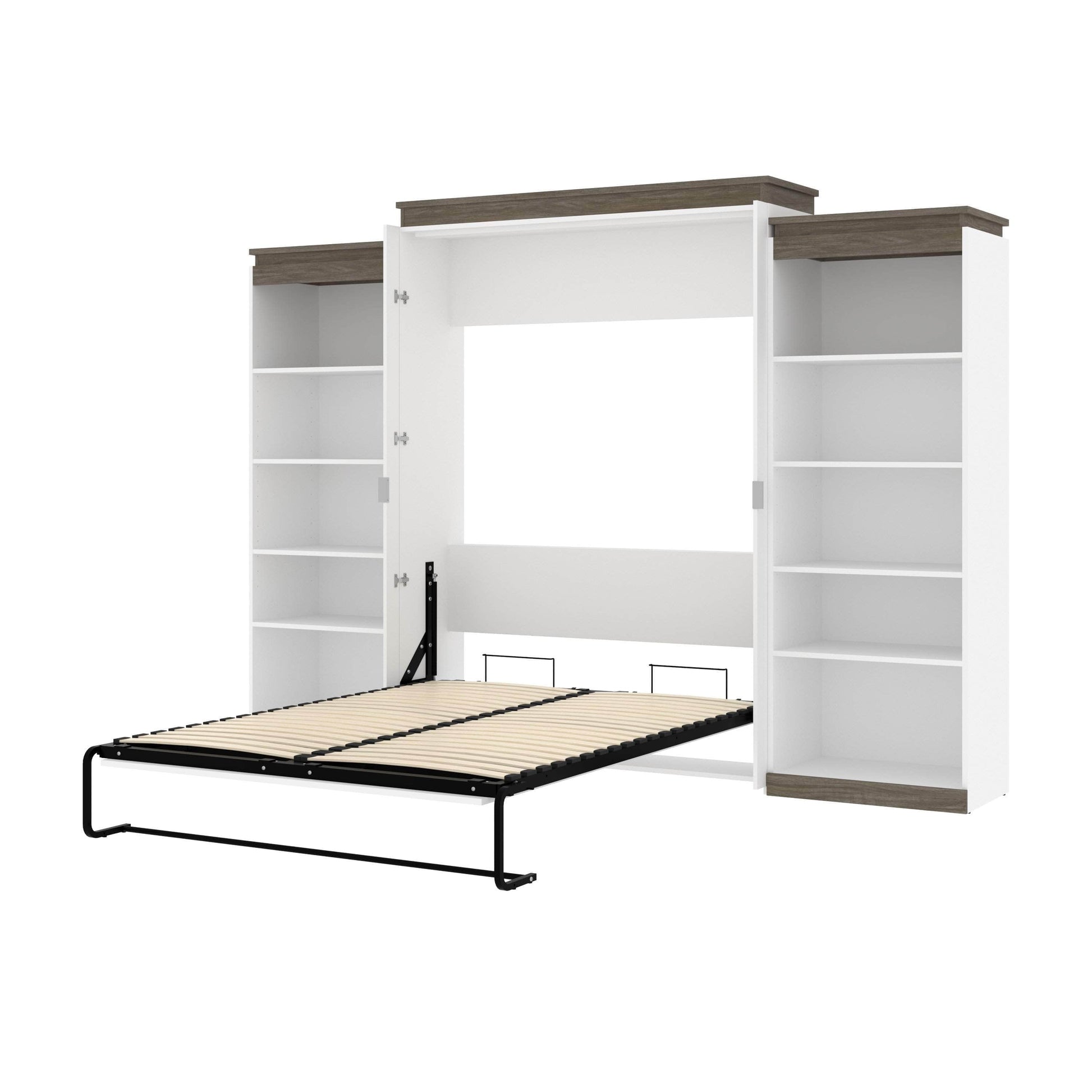 Modubox Murphy Wall Bed White & Walnut Grey Orion 124"W Queen Murphy Wall Bed with 2 Shelving Units - Available in 2 Colours