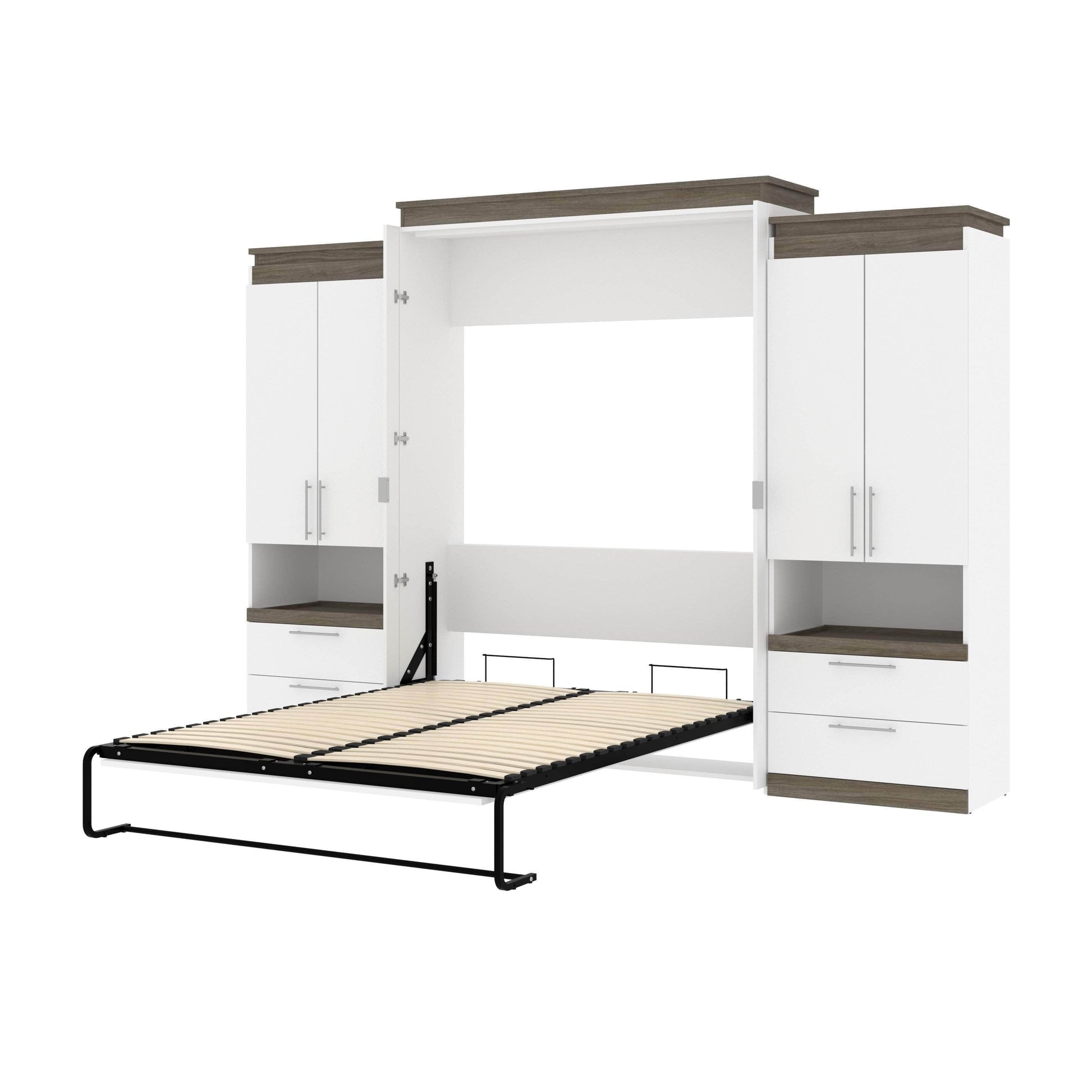 Modubox Murphy Wall Bed White & Walnut Grey Orion 124"W Queen Murphy Wall Bed with 2 Storage Cabinets and Pull-Out Shelves - Available in 2 Colours