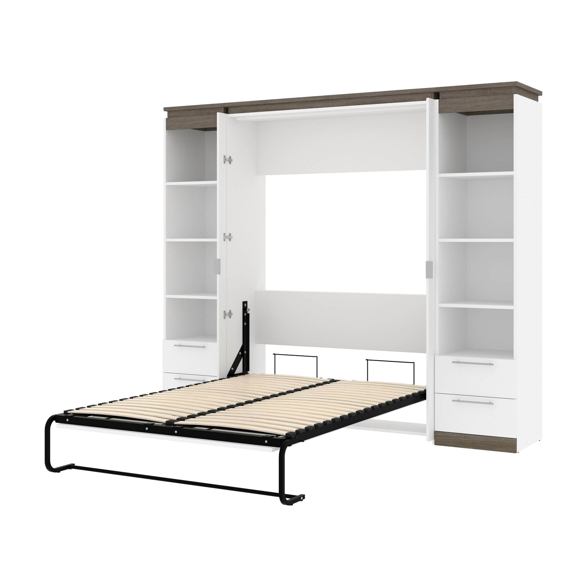 Modubox Murphy Wall Bed White & Walnut Grey Orion 98"W Full Murphy Wall Bed with 2 Narrow Shelving Units and Drawers - Available in 2 Colours