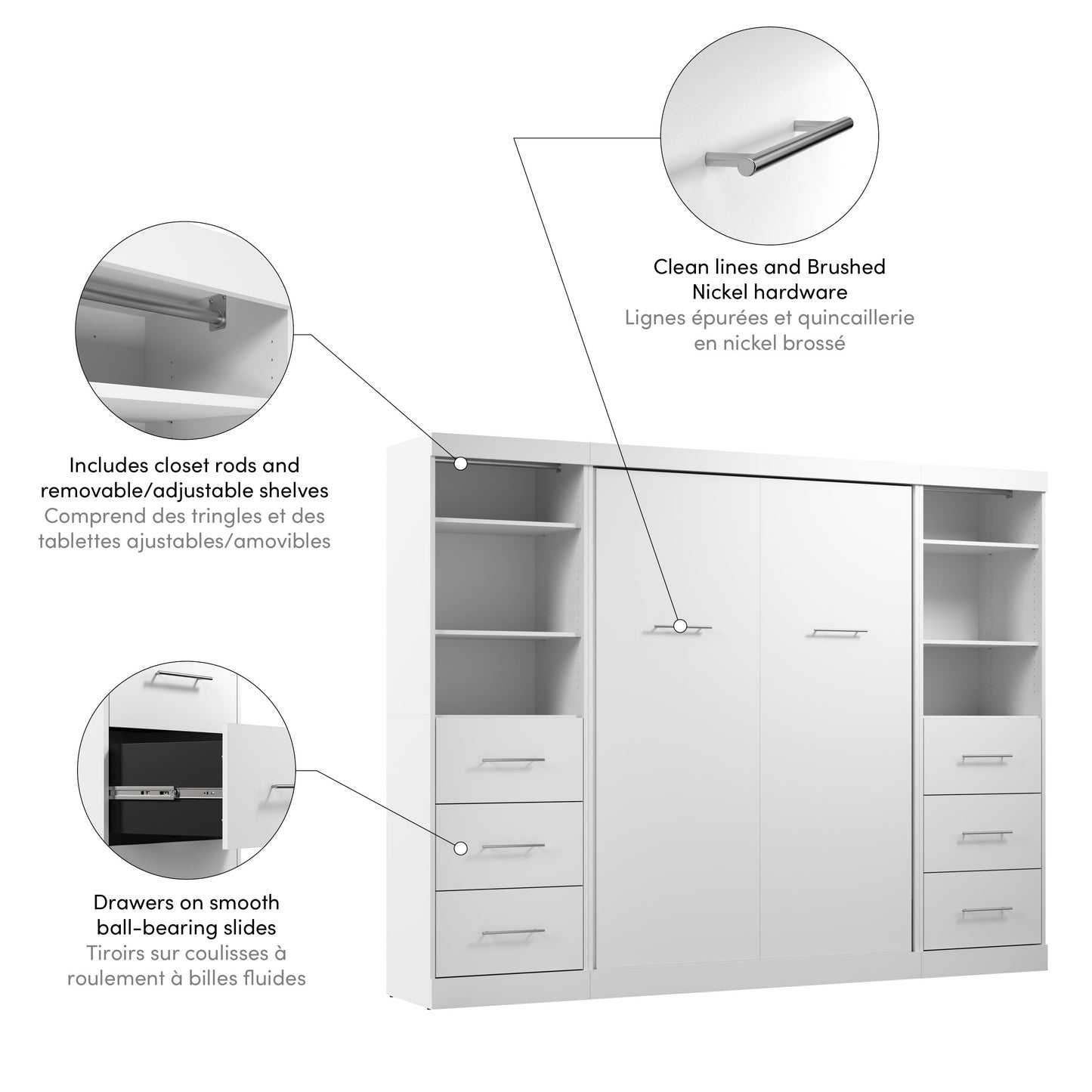 Modubox Nebula Full Murphy Bed and 2 Closet Organizers with Drawers (109W) in White