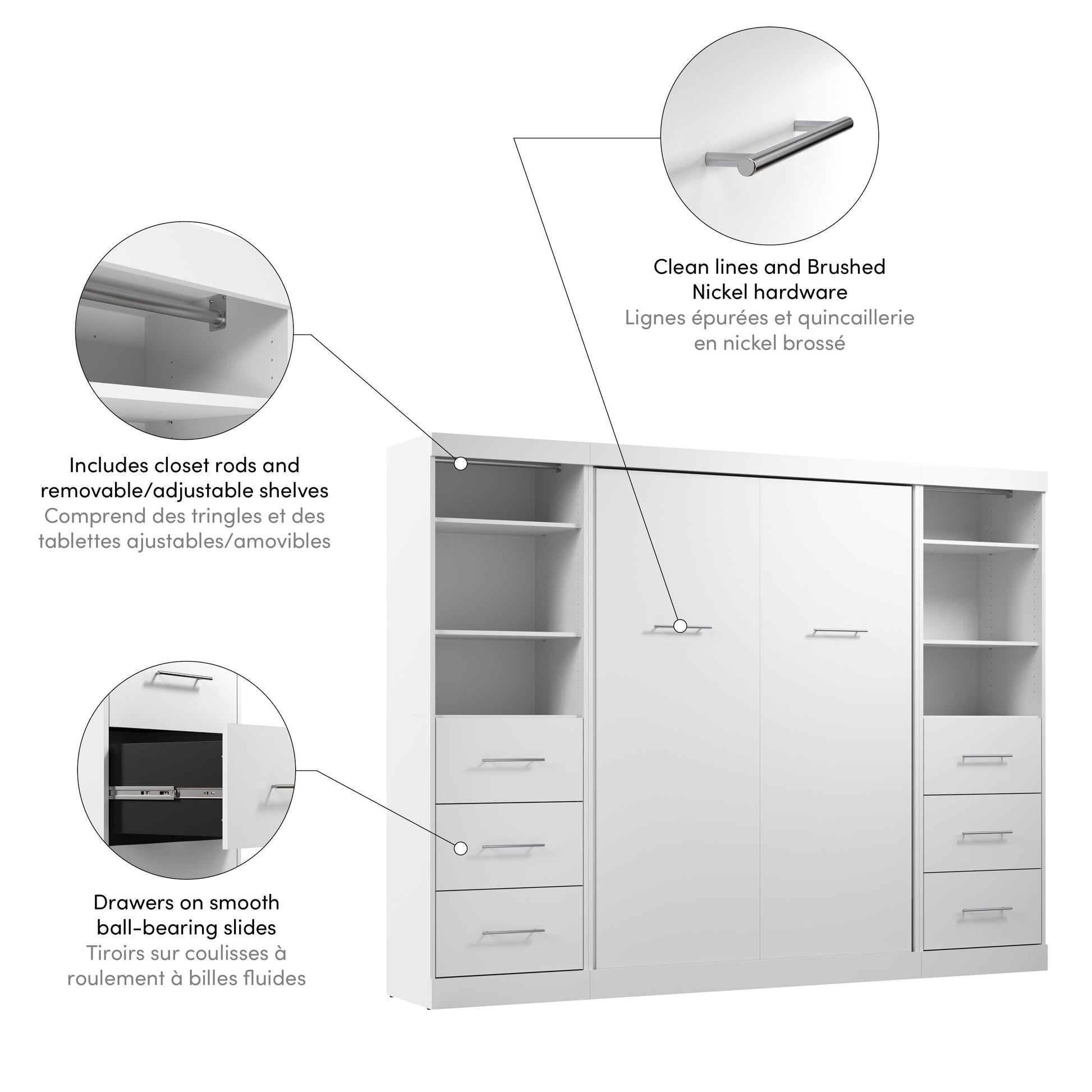 Modubox Nebula Full Murphy Bed and 2 Closet Organizers with Drawers (109W) in White